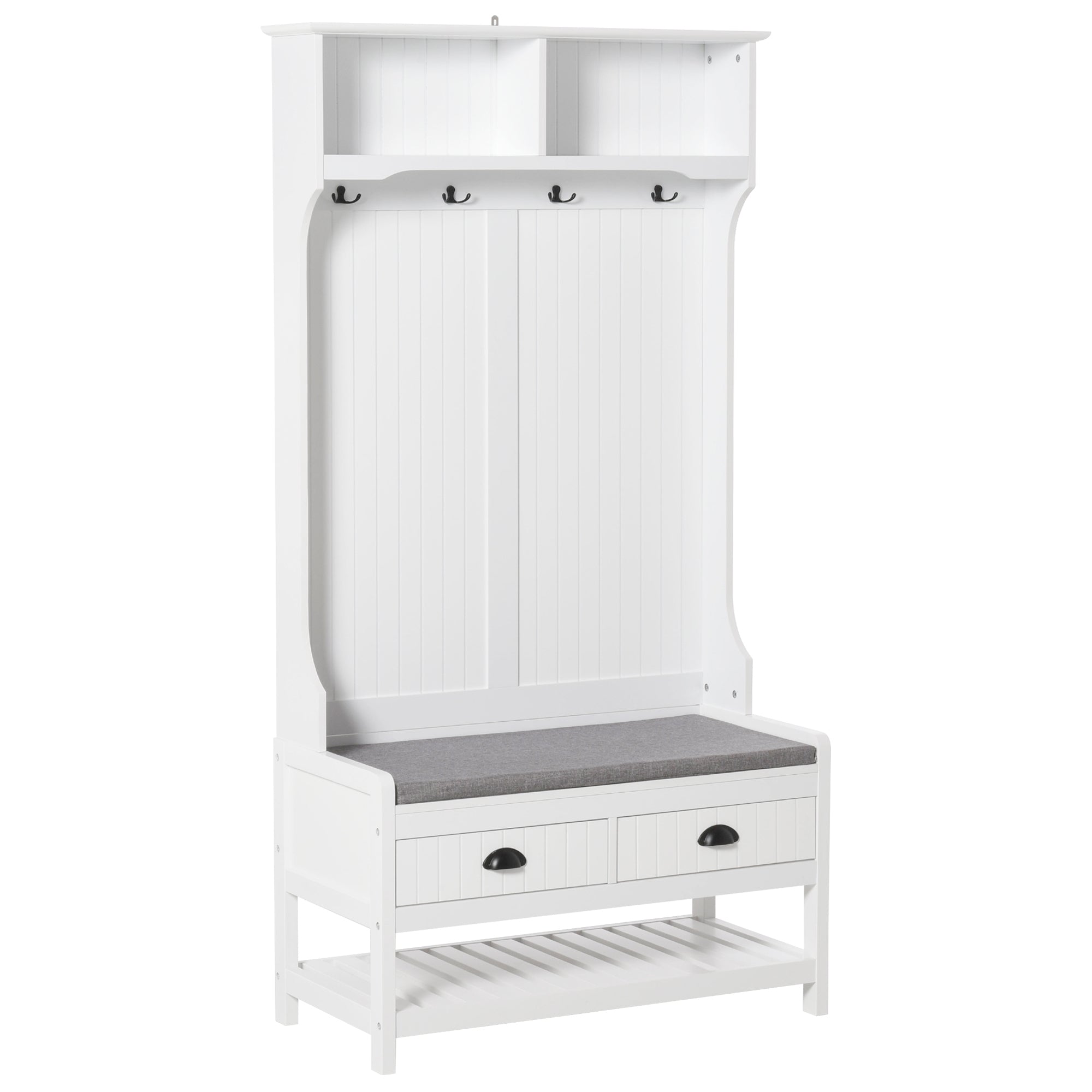 HOMCOM Hall Tree Bench: Entryway Bench with Coat Rack, Hooks, Drawer & Padded Seat, White 