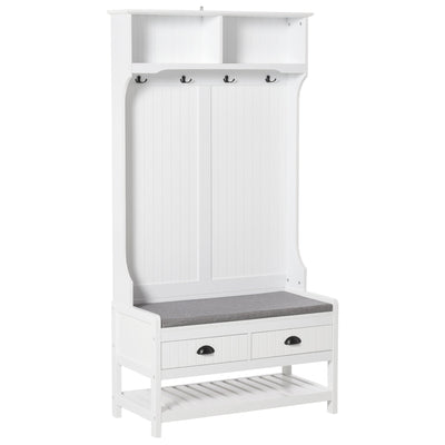 HOMCOM Hall Tree Bench: Entryway Bench with Coat Rack, Hooks, Drawer & Padded Seat, White 
