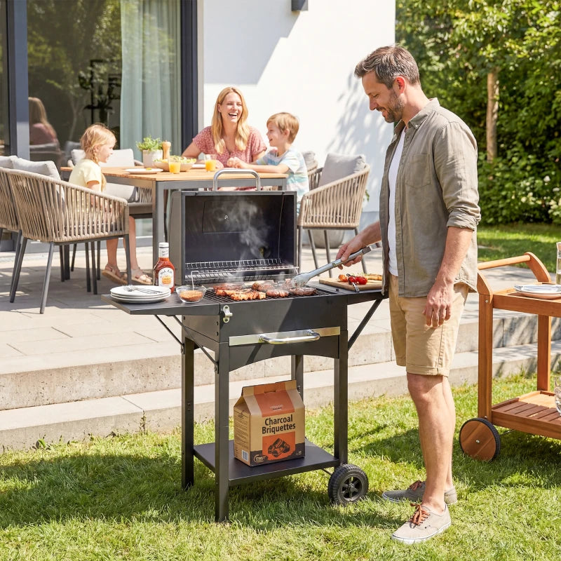 Charcoal Grill with 2 Side Tables, Barbecue Grill with Thermometer and Warming Rack, Wheels, 43.3"x18.3"x39.8", Black