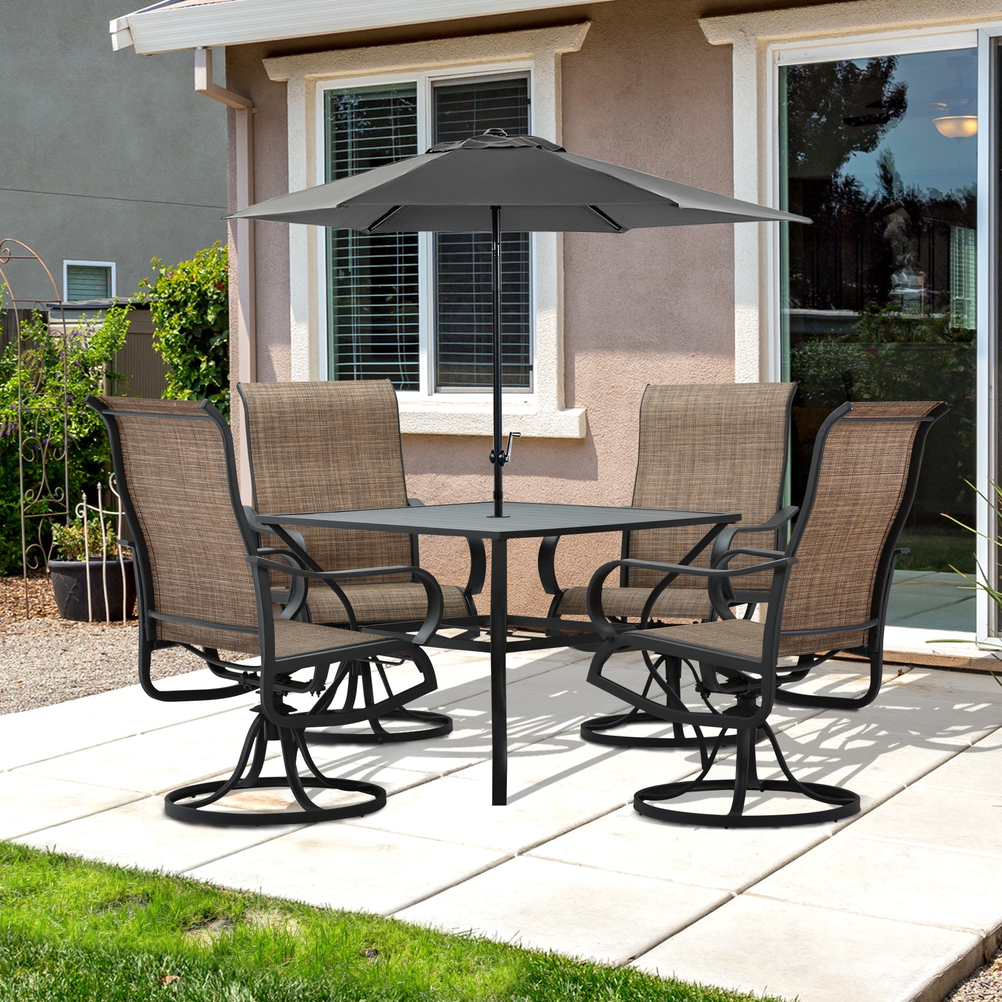 Outsunny 5-Piece Outdoor Patio Dining Set, 4 Swivel Rocker Chairs and 37" x 37" Dining Table Furniture Set with Umbrella Hole, Black 