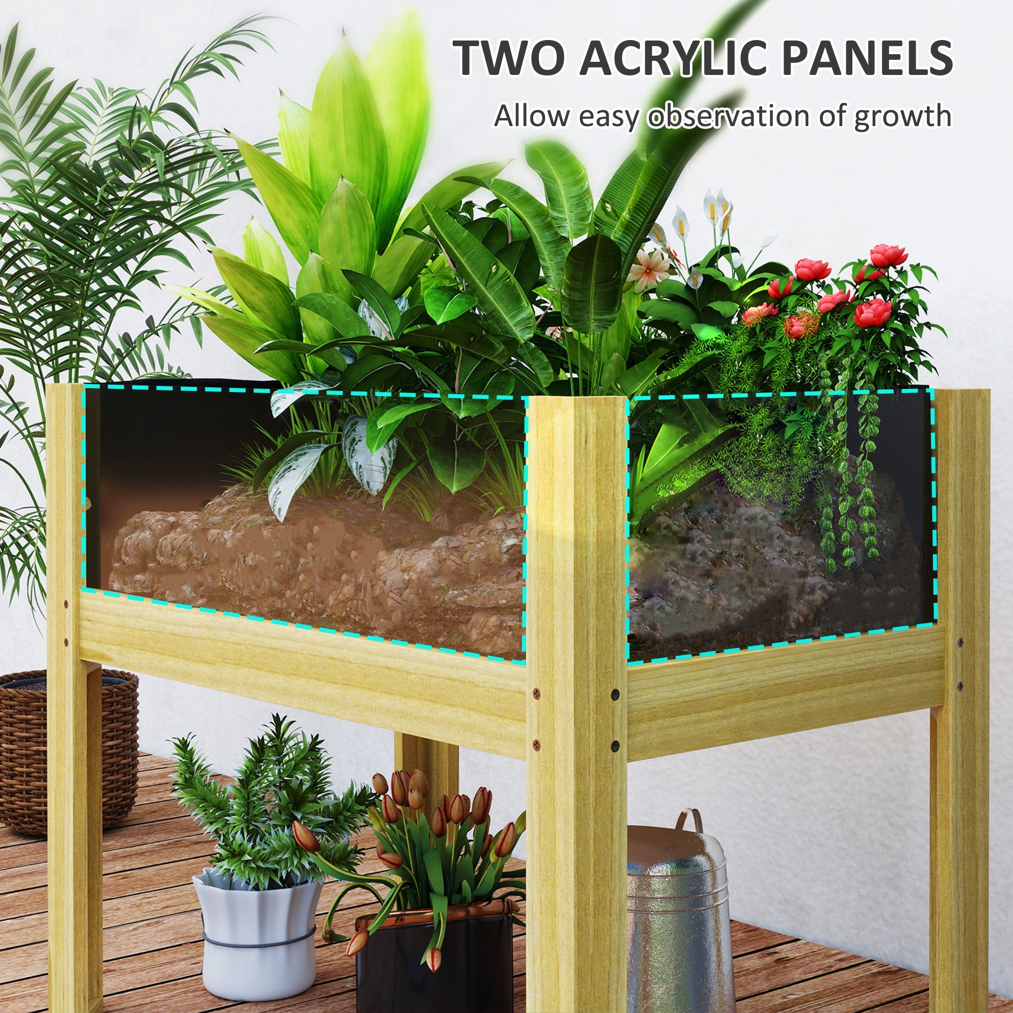 Outsunny Wooden Raised Garden Bed with Acrylic Panels, Raised Planter Box with Drainage Holes, 29.5" x 18.1" x 23.8" 