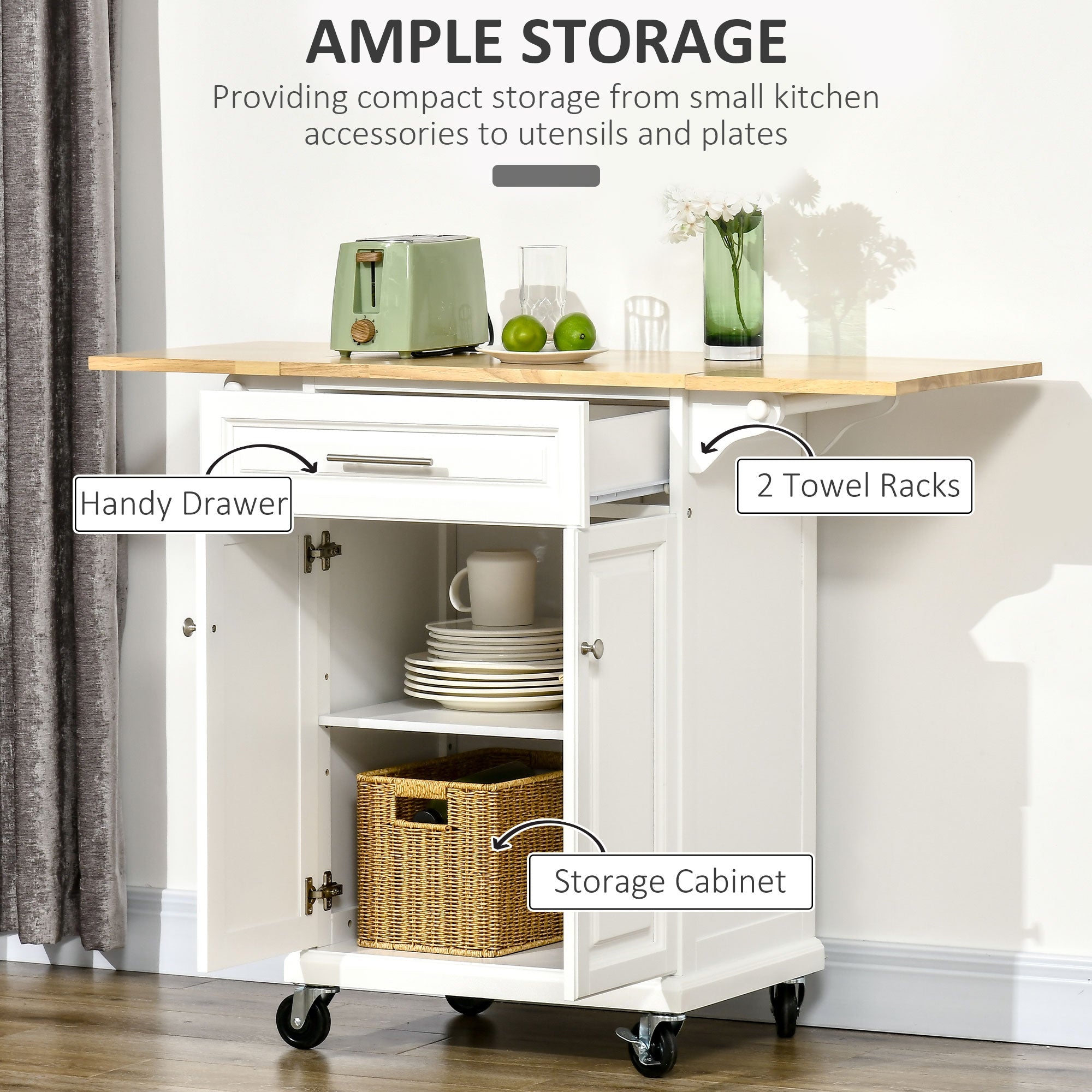 HOMCOM Extendable Kitchen Cart: Rolling Island with Counter, Drawer, Cabinet, Towel Rack for Dining & Kitchen Use 