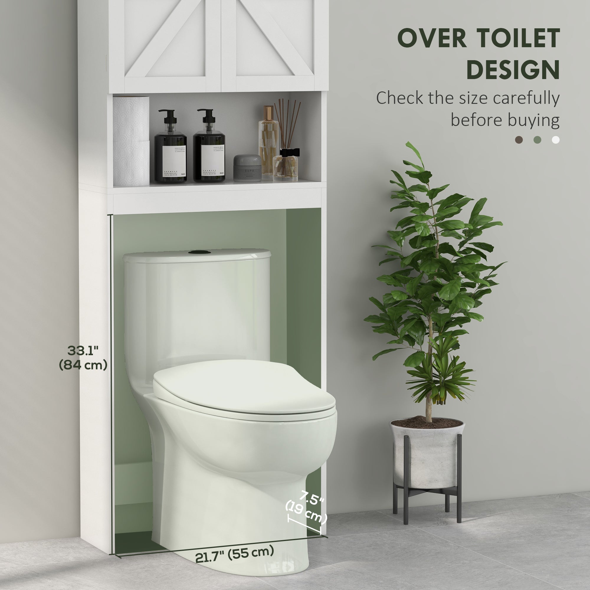 HOMCOM Over The Toilet Bathroom Cabinet Modern Above Toilet Storage Barn Doors Open Shelf White 