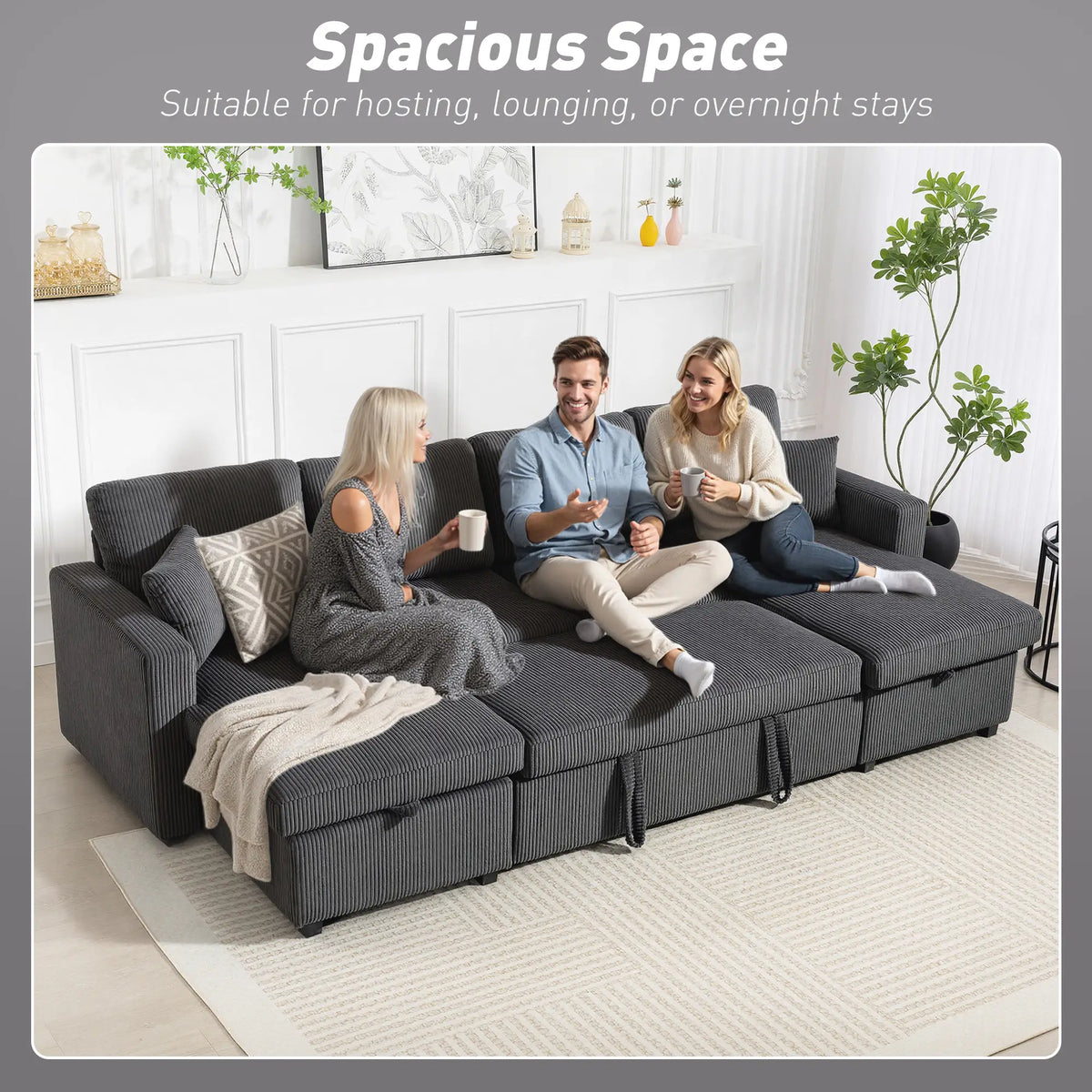 U-Shaped Pull-Out Sofa Bed with Dual Storage Chaise, Corduroy Sleeper Couch with Pillows, Dark Grey