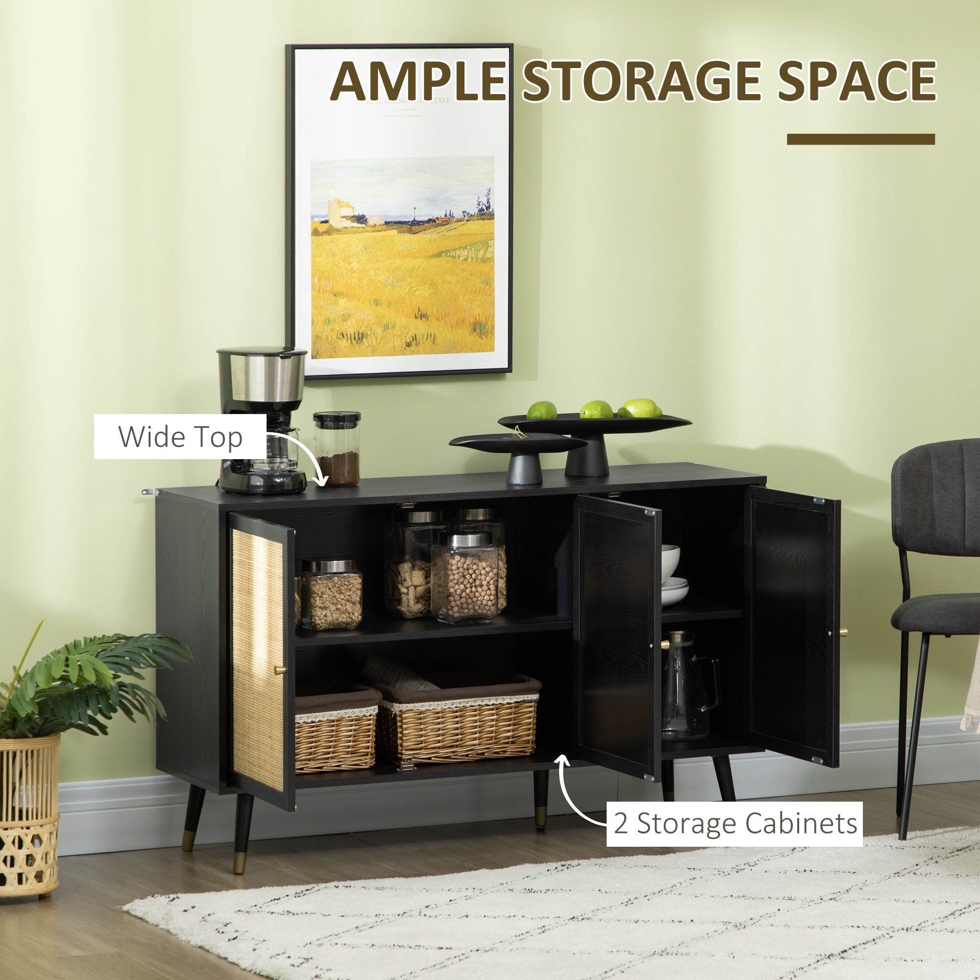HOMCOM Black & Natural Rattan Sideboard: Kitchen Buffet Cabinet with Storage Shelves & Wood Legs for Living Areas 