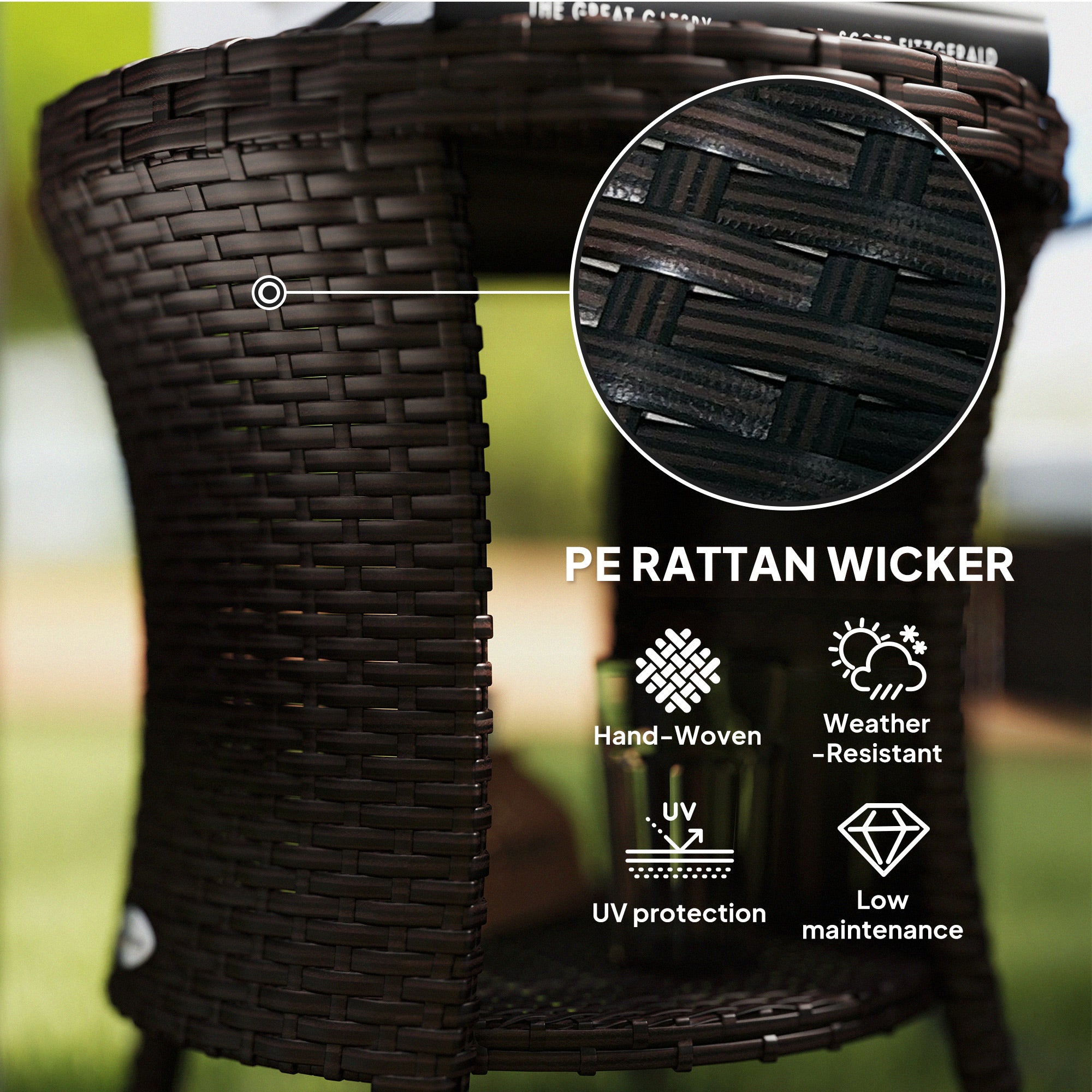 Outsunny 18" Wicker Outdoor Coffee Table, PE Rattan Patio Side Table with 2-Tier Storage, Composite Wood Top, Brown 