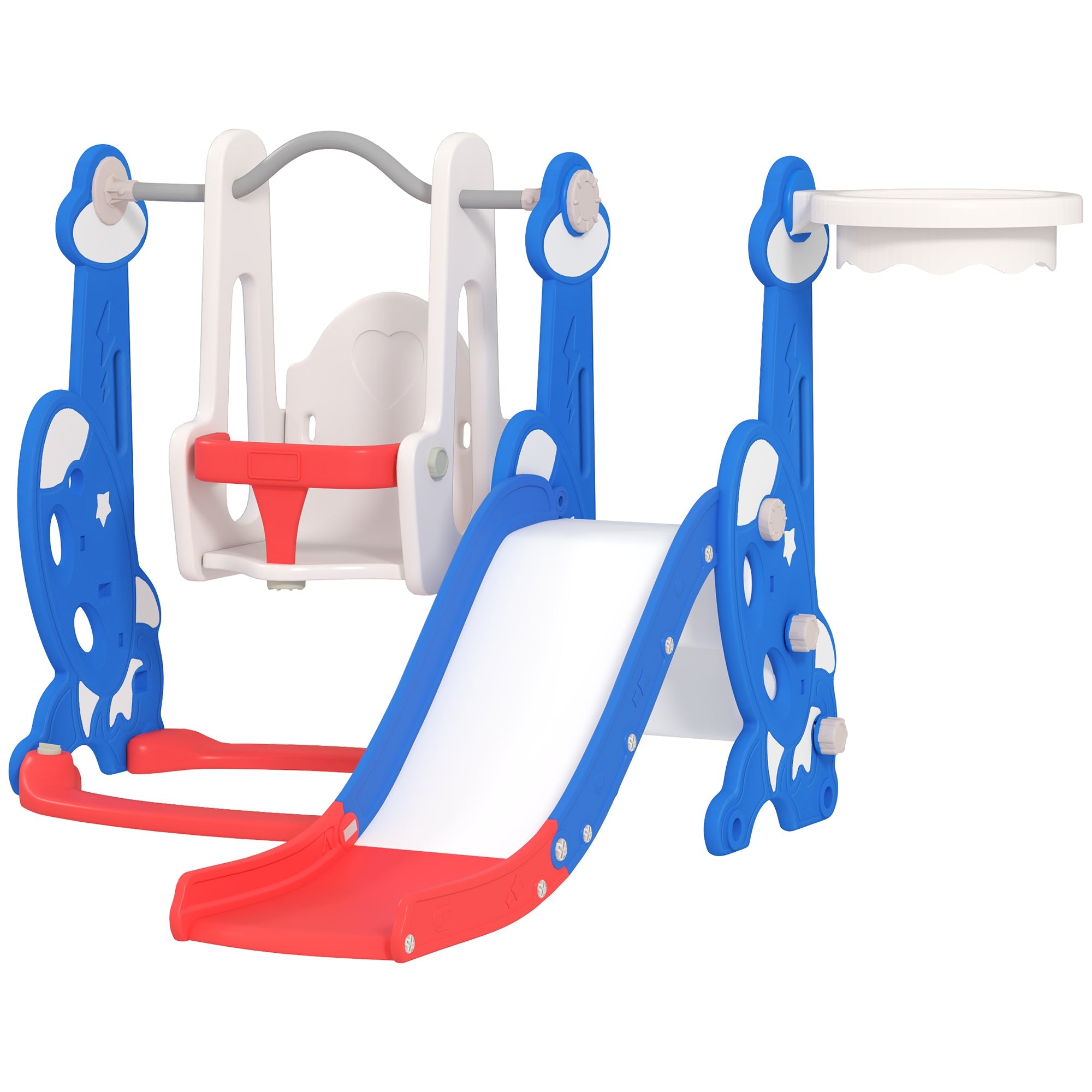 Qaba 4-in-1 Slide and Swing Set with Basketball Hoop, Climber, for Ages 1.5-4 Boys Girls Toddler, Rocket Themed, Dark Blue 