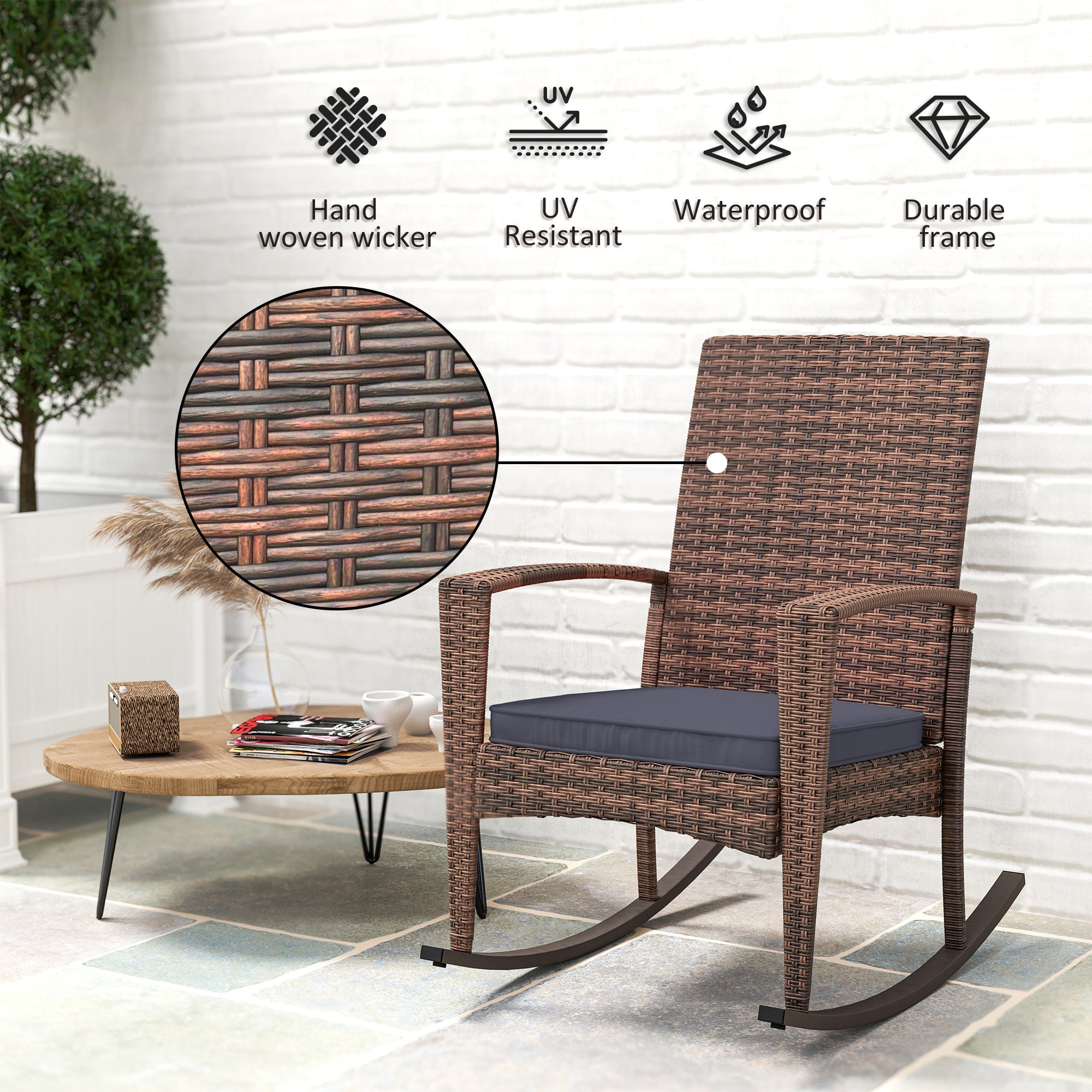 Outsunny Outdoor PE Rattan Rocking Chair, Garden Glider Rocking Chair, Wicker Patio Chair Set with Armrest and Cushion, Dark Blue 