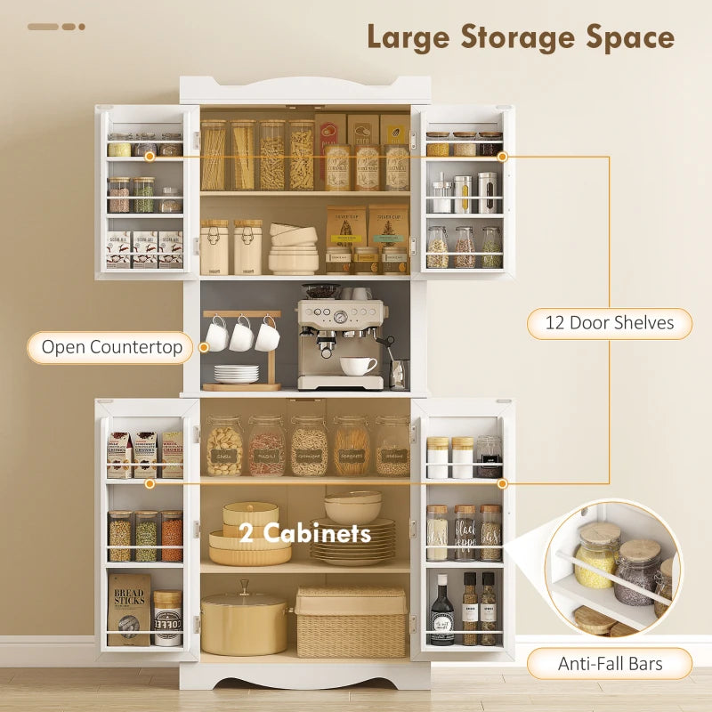 73" Kitchen Pantry Cabinet, Freestanding Kitchen Hutch with 12 Door Shelves, Adjustable Shelves, Microwave Stand, White