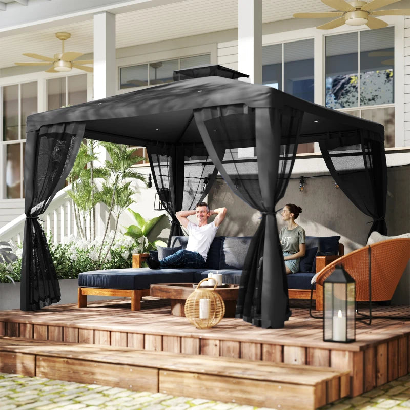 9.6' x 9.6' Patio Gazebo Outdoor Pavilion 2 Tire Roof Canopy Shelter Garden, Steel Frame w/ Mosquito Netting, Dark Grey