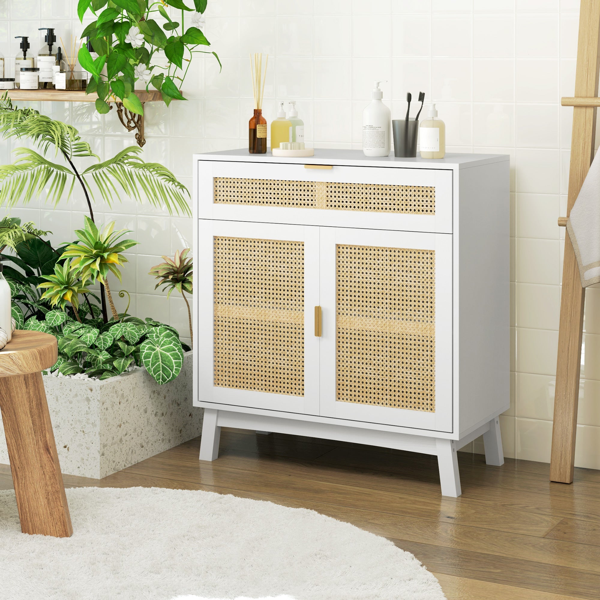 HOMCOM Boho Sideboard Storage Cabinet with Rattan Doors, White 