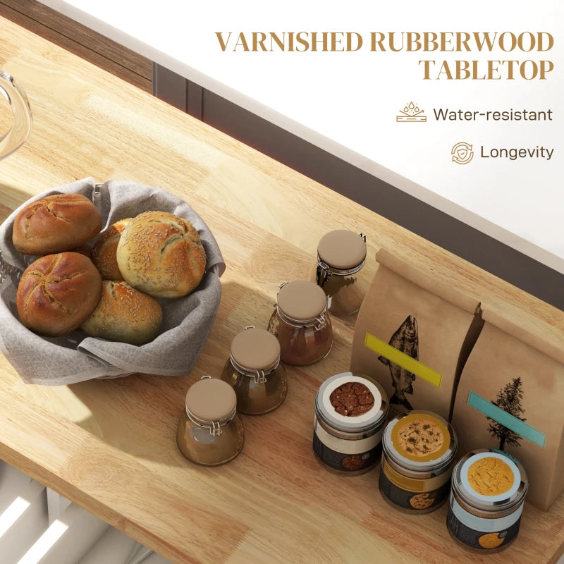 Kitchen Island with Storage, Rolling Trolley Cart with Rubber Wood Top, Spice Rack, Towel Rack, Cream White
