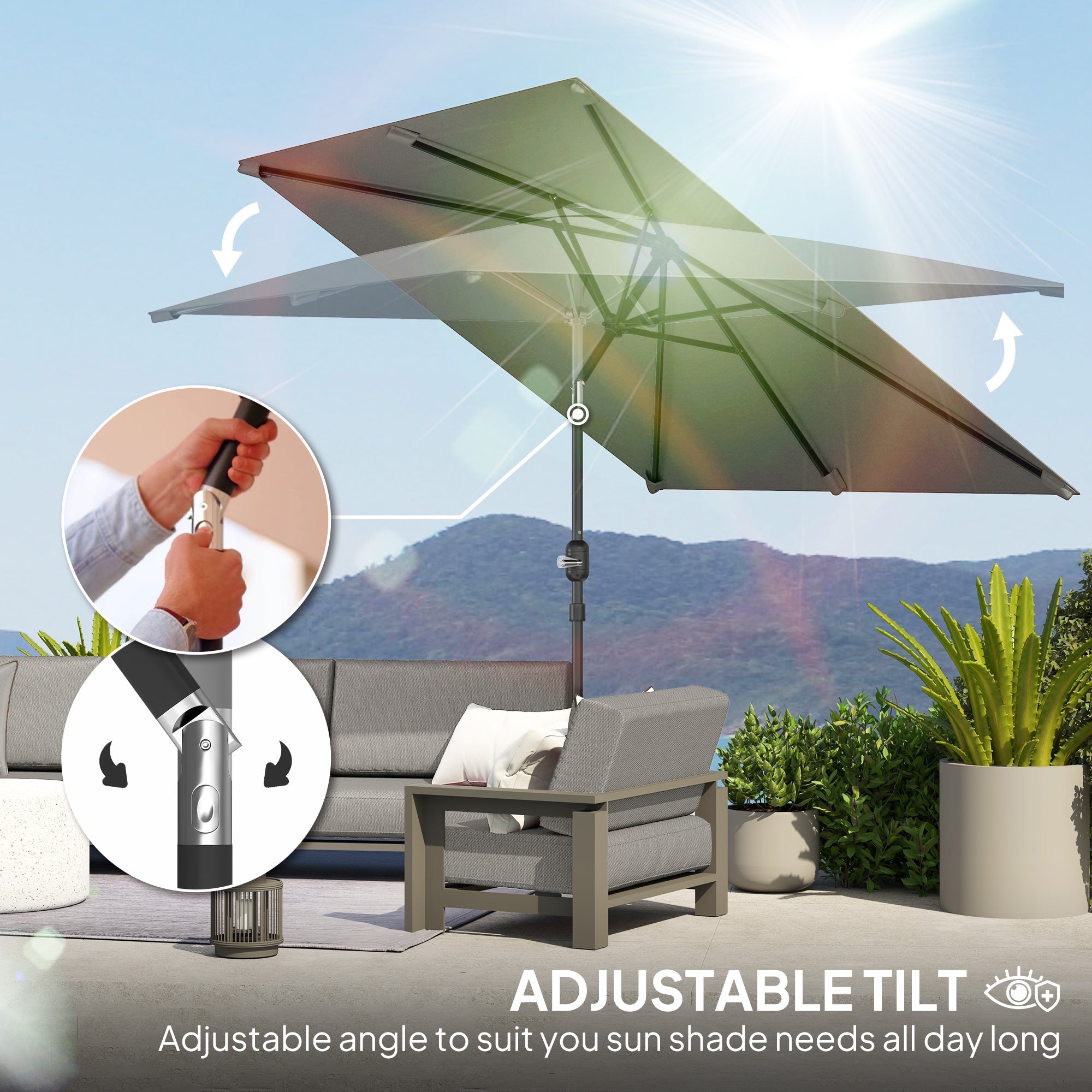 Outsunny 6.5x9.6ft Rectangle Aluminum Tilt Patio Umbrella, Garden Market Parasol, Outdoor Sunshade Canopy with Crank, Light Grey 