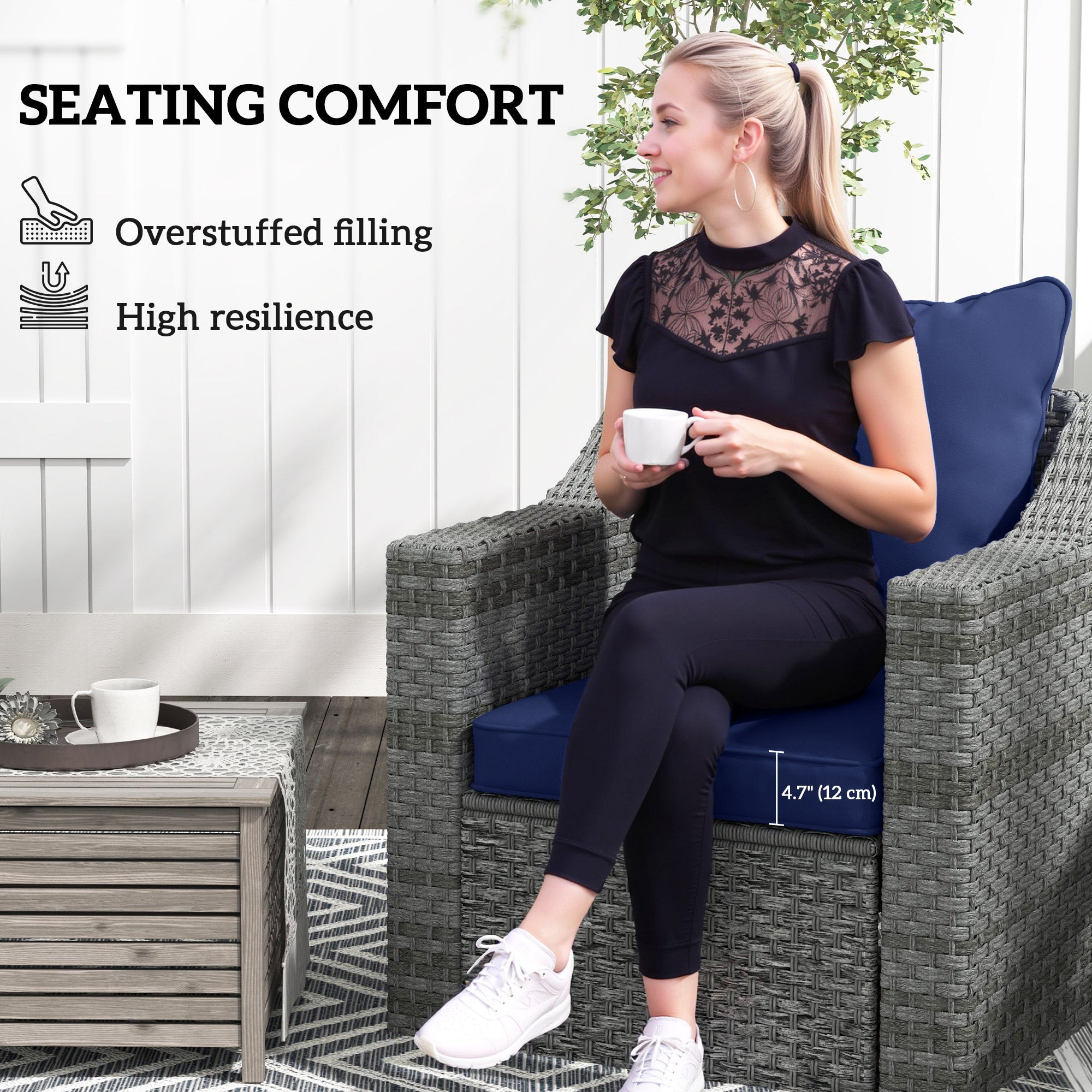 Outsunny 4-Piece Seat Cushion Back Pillows Replacement, Patio Chair Cushions Set for Indoor Outdoor, Dark Blue 