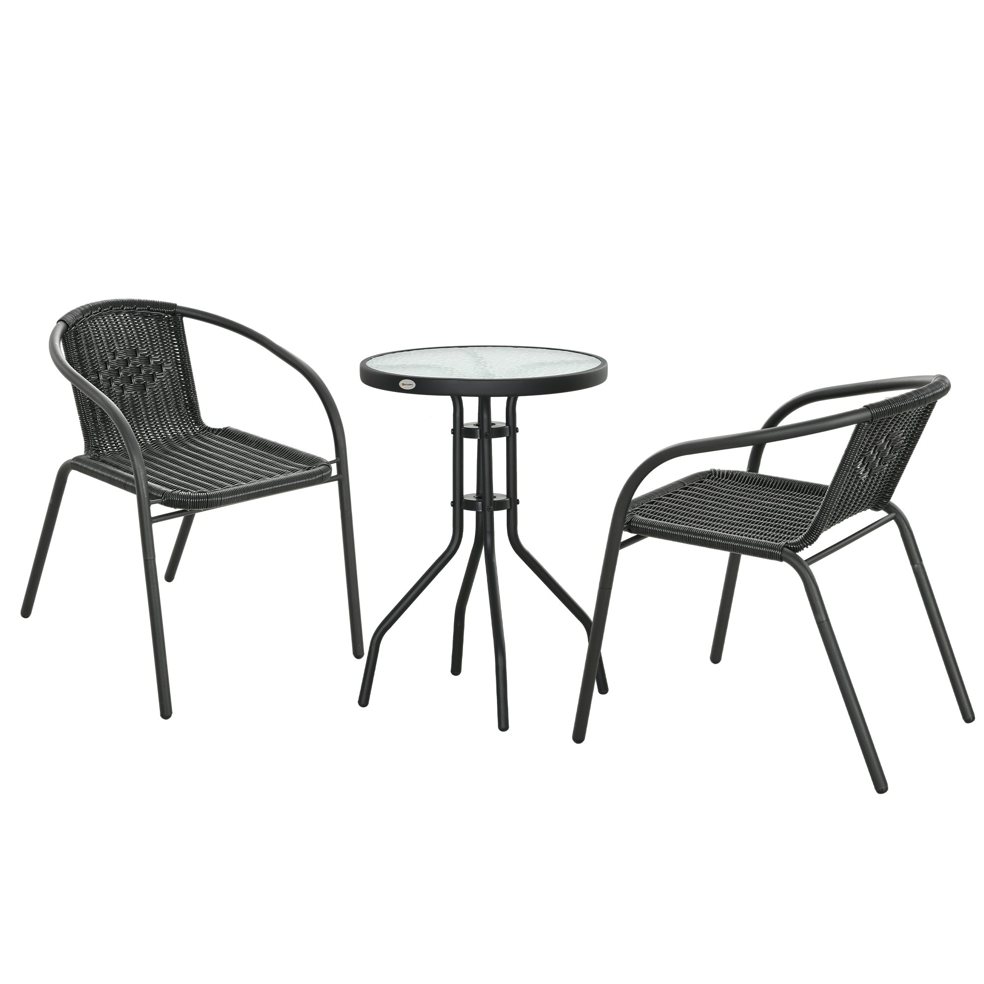Outsunny 3 Pieces Outdoor Wicker Furniture Set with 2 Stackable Chairs, Tempered Glass Coffee Table for Garden, Backyard, Black 