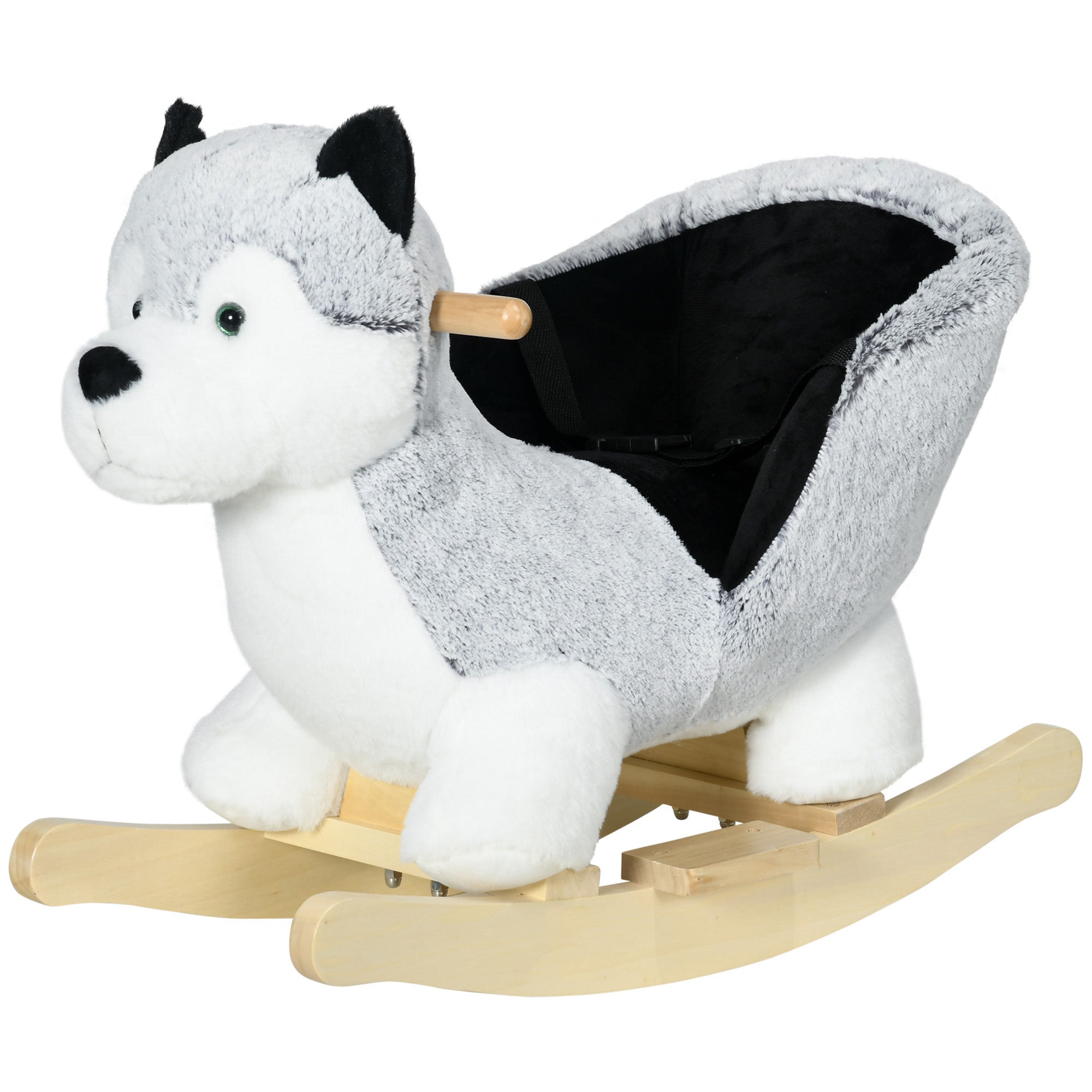 Qaba Husky Rocking Horse for Kids - Plush Ride-On Toy with Realistic Sounds & Seat Belt, 18-36 Months, Grey 