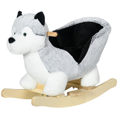 Qaba Husky Rocking Horse for Kids - Plush Ride-On Toy with Realistic Sounds & Seat Belt, 18-36 Months, Grey 