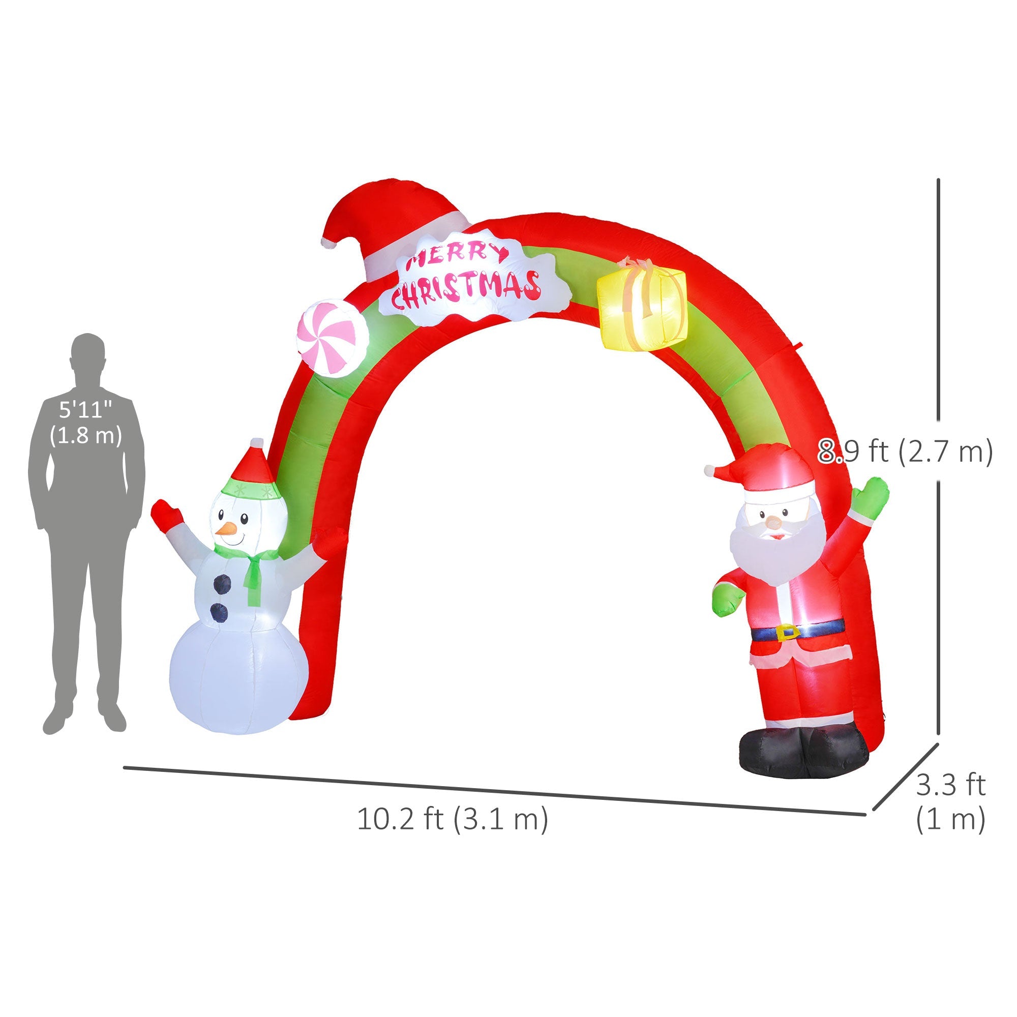 Outsunny 10FT Christmas Inflatable Archway, Outdoor Xmas Blow Up Santa Claus and Snowman Arch with Built-in LED Lights for Yard 