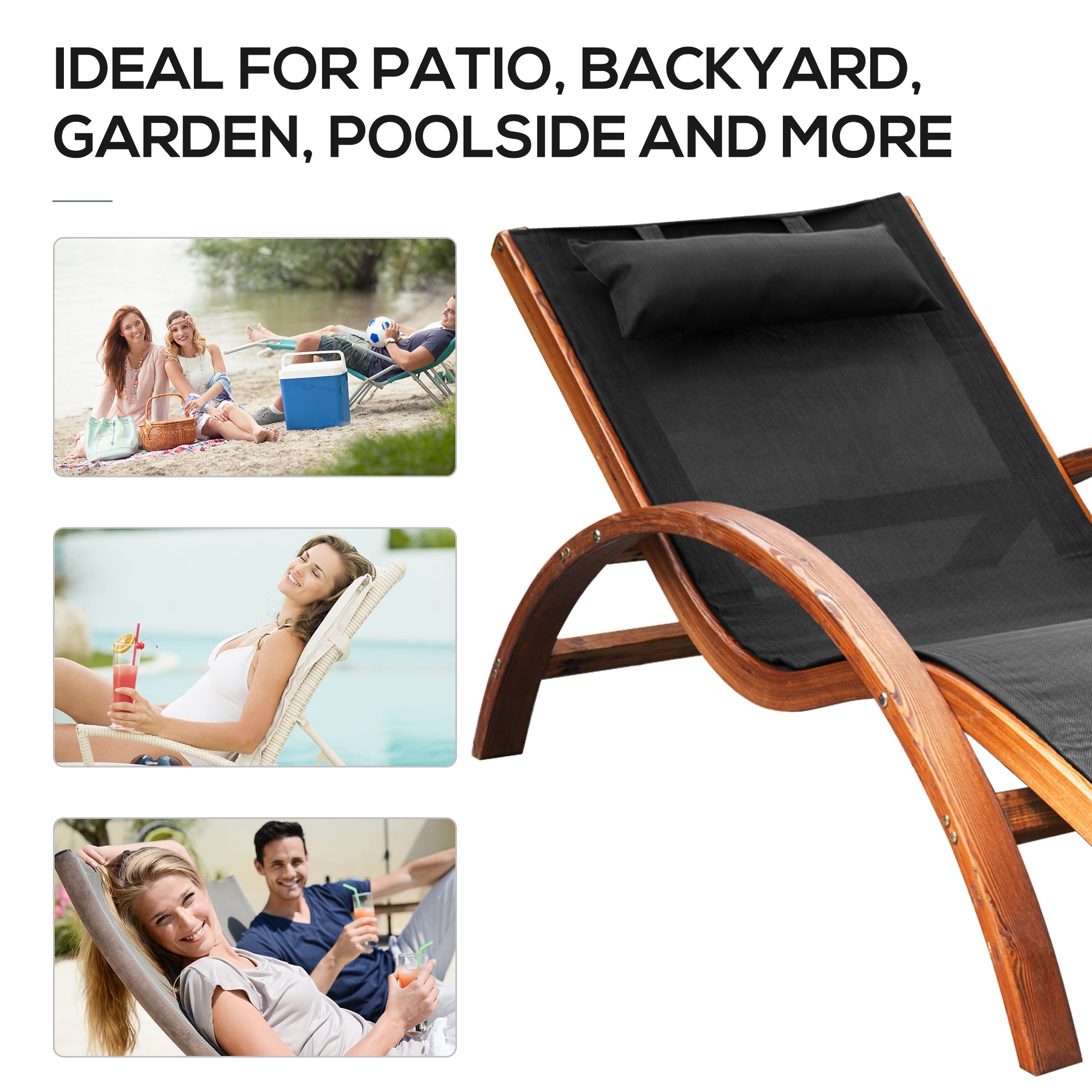 Outsunny Patio Chaise Lounge Chair with Headrest, Garden Sun Lounger Recliner with Wood Frame, Texteline, Black 