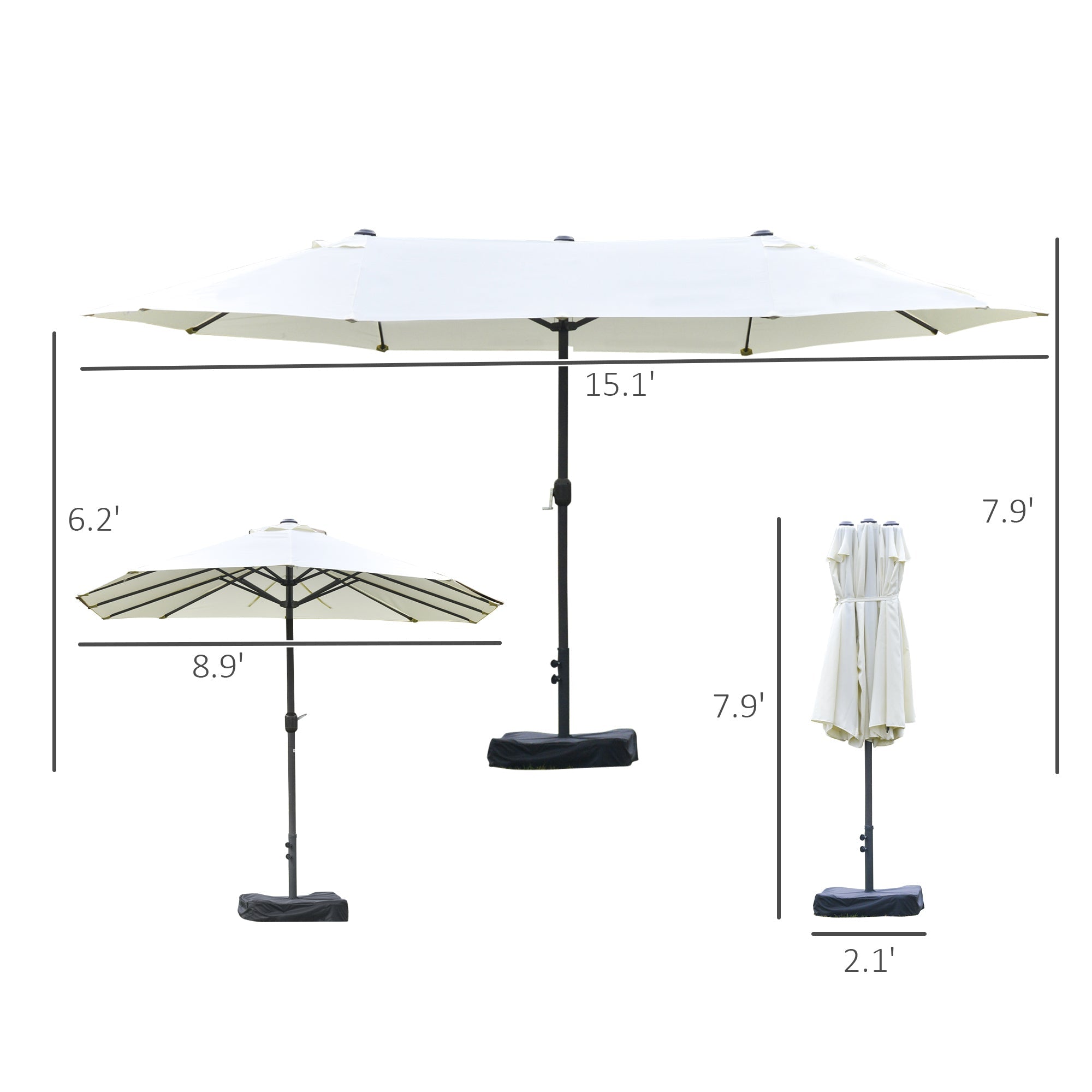 Outsunny 15' Double Canopy Patio Umbrella Sunshade Elegance: Lift Crank, Cross Base, Sandbag, Beige Hue 