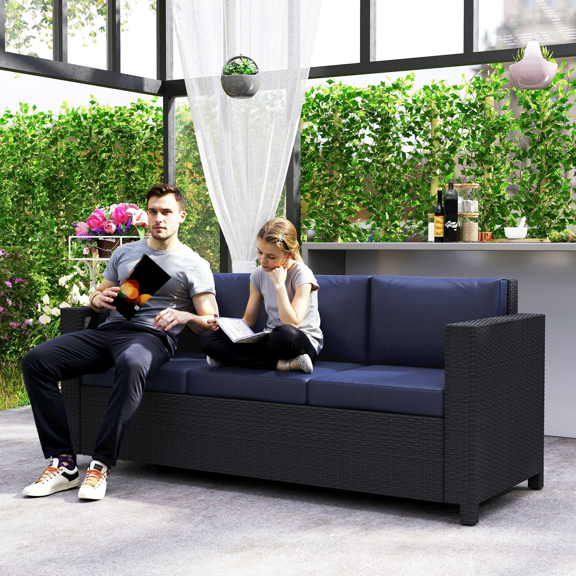 Outsunny Deluxe 3 Seat Rattan Wicker Sofa Garden Outdoor Patio Furniture with Cushion, Navy Blue 