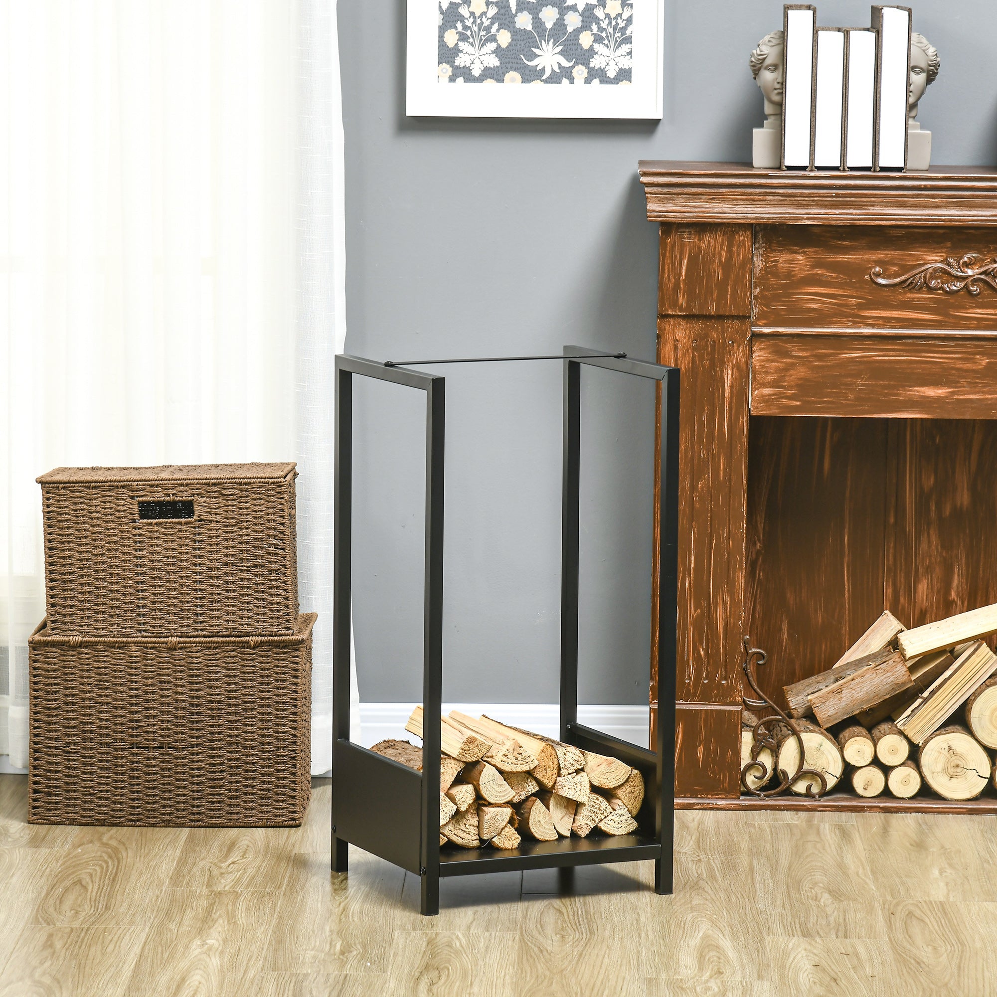 Outsunny Compact Firewood Rack, Indoor/Outdoor Log Holder, Space-Saving Wood Storage Stacker, 15.4" x 13.8" x 29.9", Sleek Black Design 