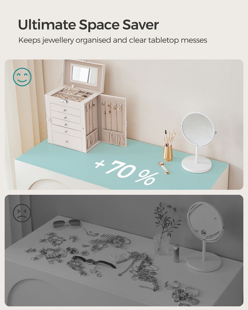 SONGMICS 6-Tier Lockable Jewelry Storage Case with Mirror & 5 Drawers – White