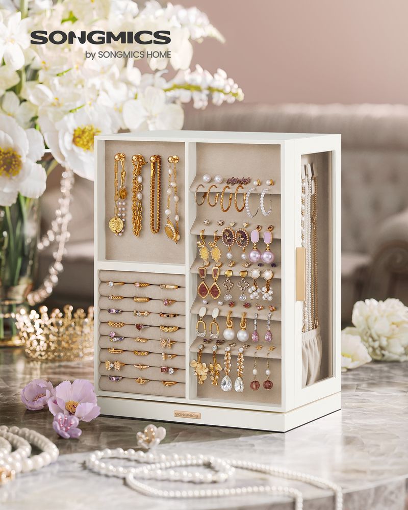 Songmics 360° Rotating Jewelry Box with 7 Drawers, Velvet Lined, Necklace Hooks & Ring Storage – Cloud White