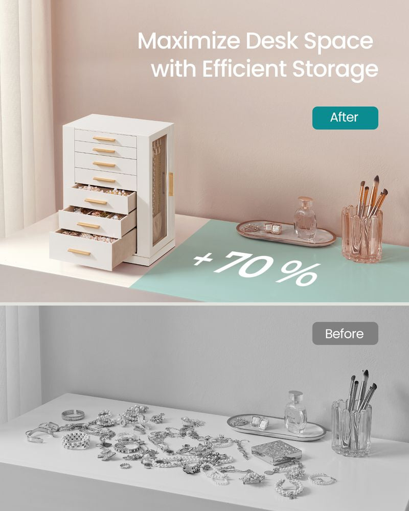 Songmics 360° Rotating Jewelry Box with 7 Drawers, Velvet Lined, Necklace Hooks & Ring Storage – Cloud White