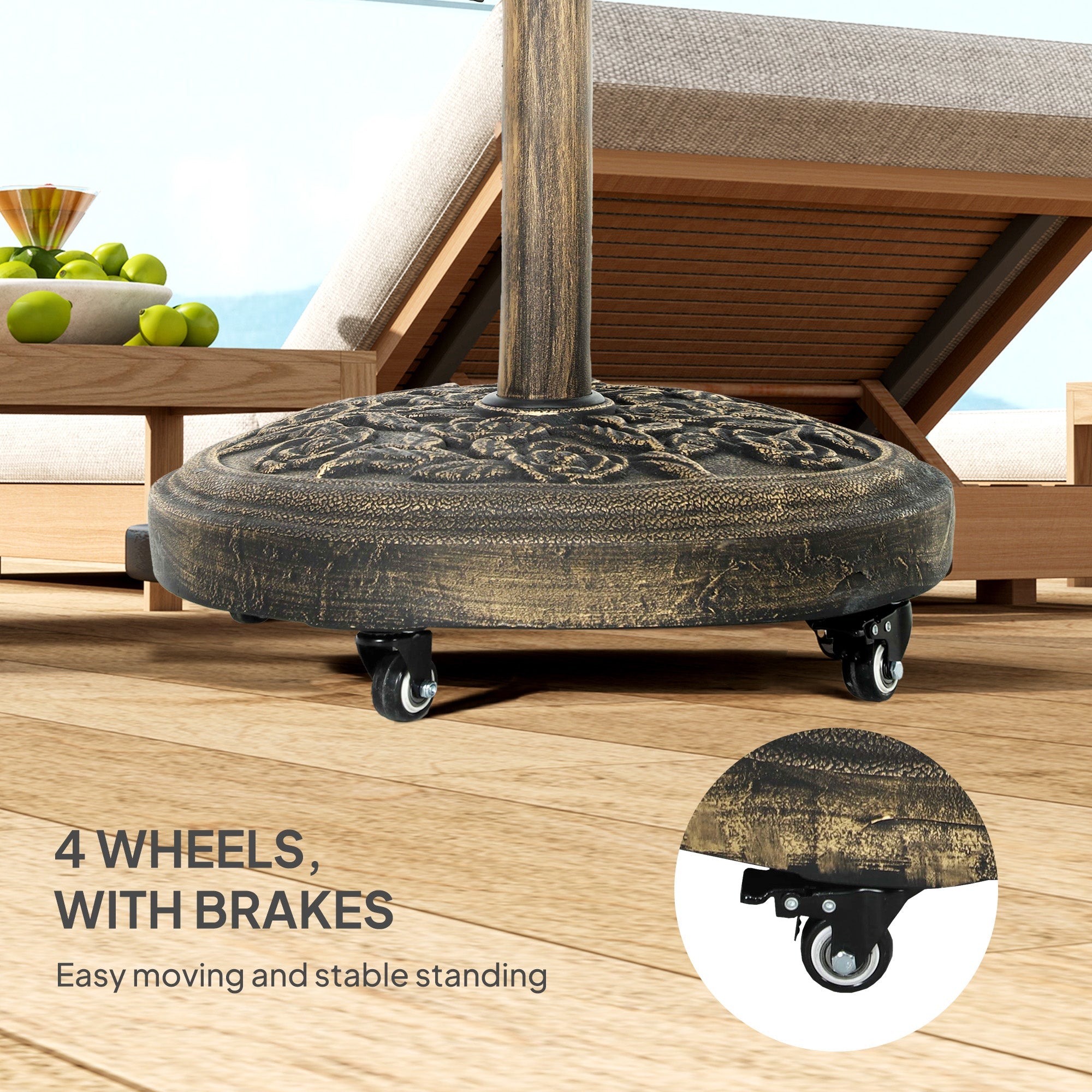 Outsunny Round Patio Umbrella Base, 46 lbs Resin Umbrella Stand with Wheels, Outdoor Umbrella Stand for 1.3"/1.5"/1.9" Umbrella Poles for Outdoor, Lawn, Poolside, Bronze 
