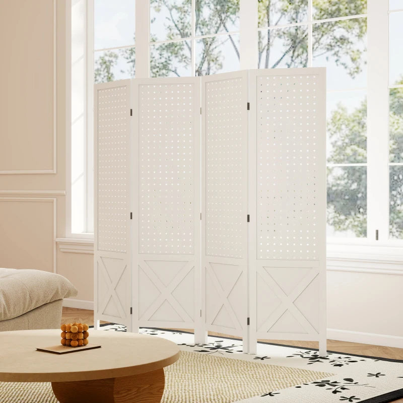 56.9" 4 Panel Wooden Room Divider with Pegboard Display, Folding Privacy Screen for Home Office, White