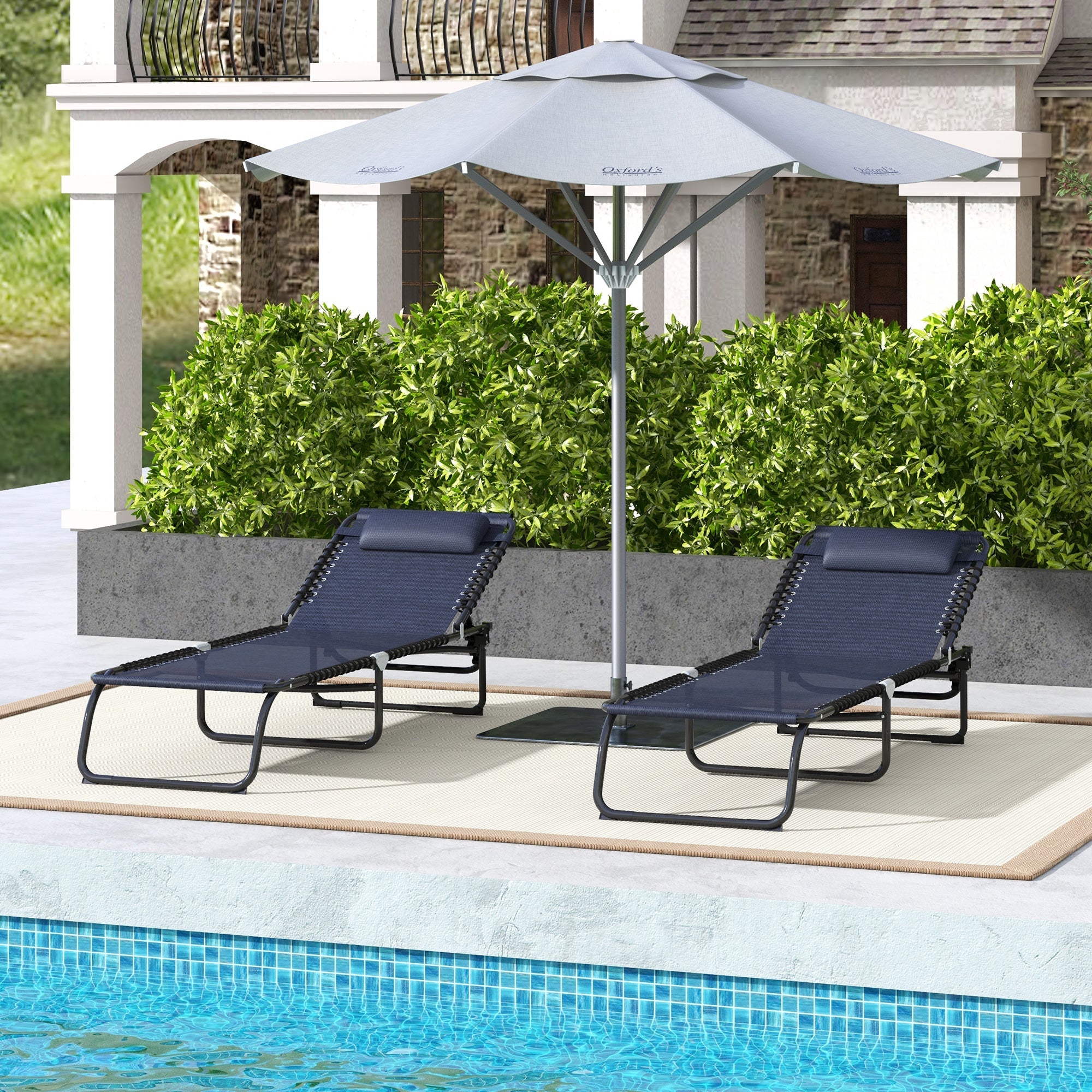 Outsunny 2 PCs Folding Lounge Chair, Adjustable Chaise Lounge with Headrest, Reclining Lounger Cot for Camping, Hiking, Dark Blue 
