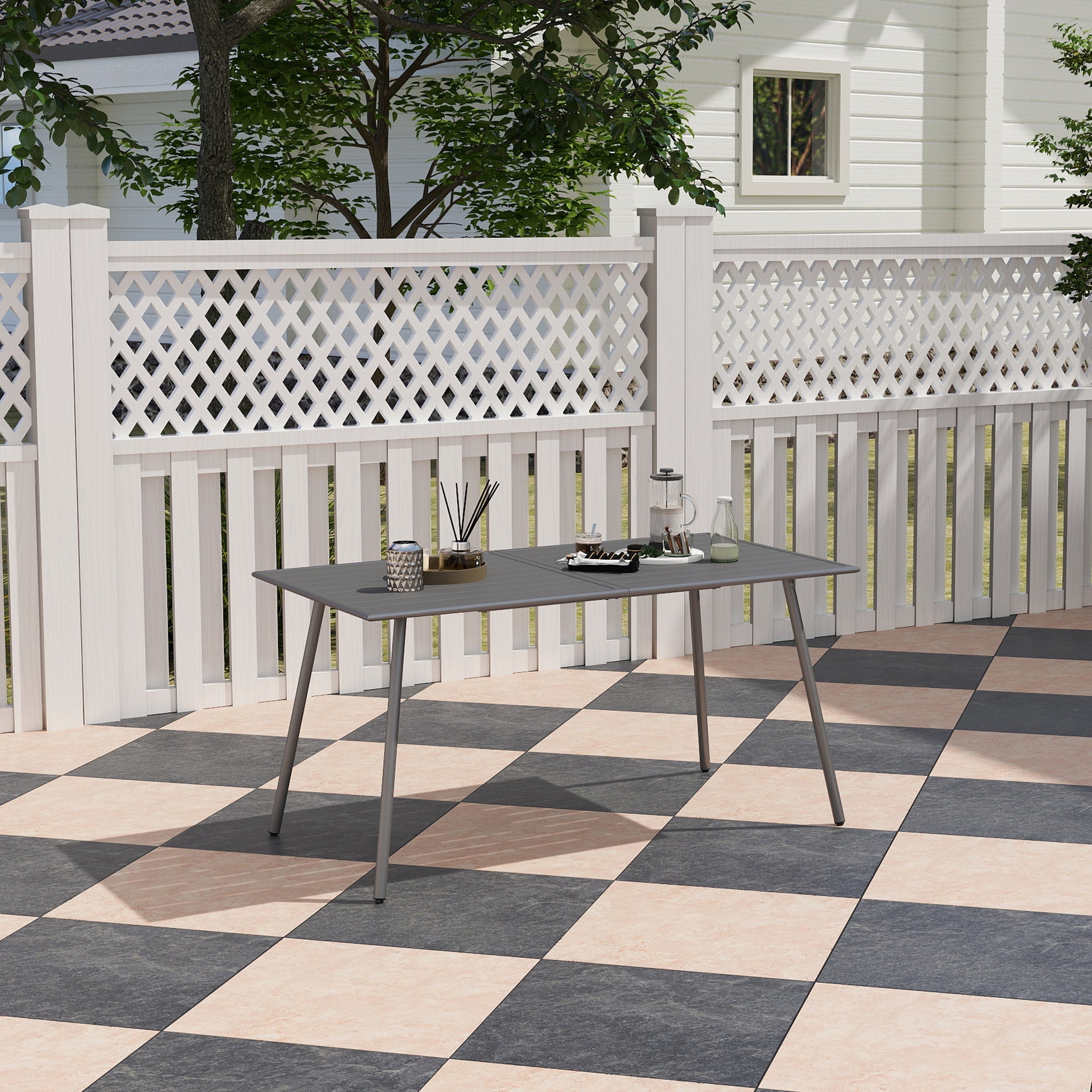 Outsunny Rectangle Patio Dining Table for 6 Person, Metal Steel Slat Outdoor Table, for Lawn, Garden, 59" x 31.5" x 29", Grey 