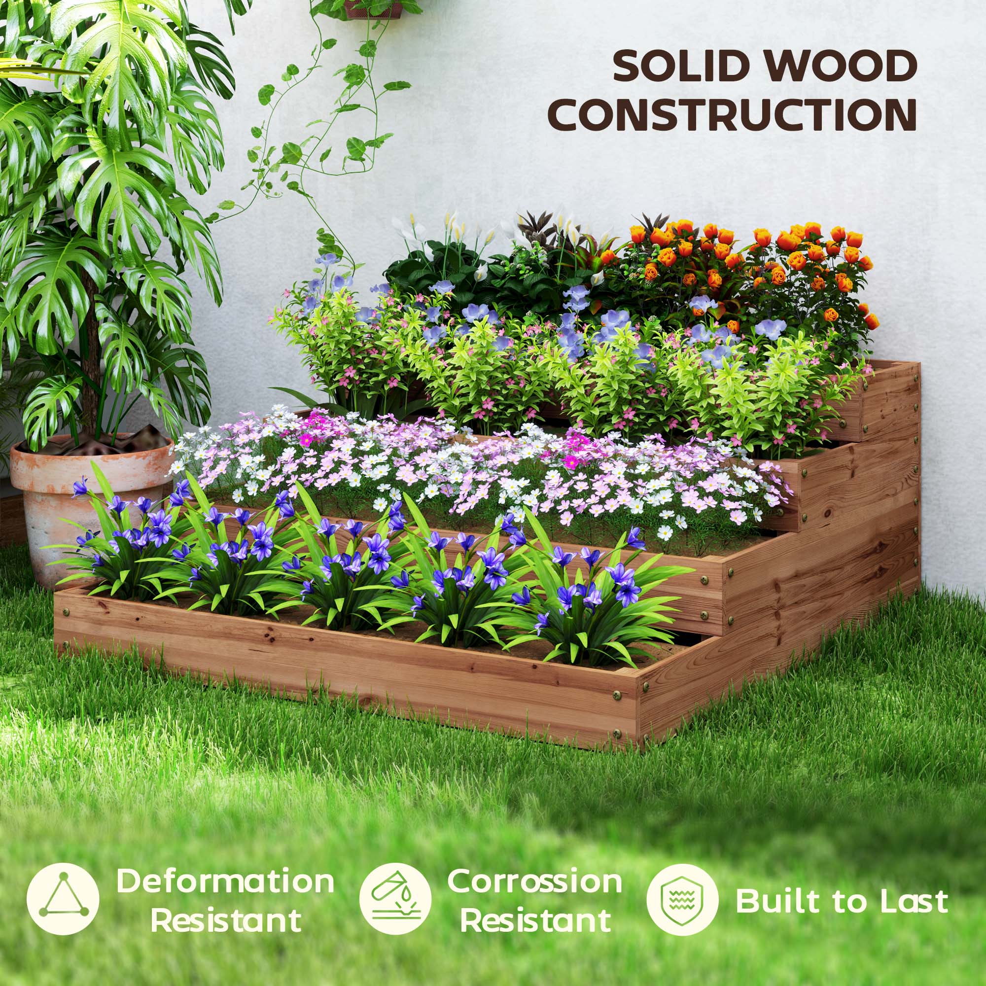 Outsunny 4-Tier Raised Garden Bed, Vertical Wooden Elevated Planter Box Kit with Liner for Vegetable, Flower, Herb, Dark Brown 