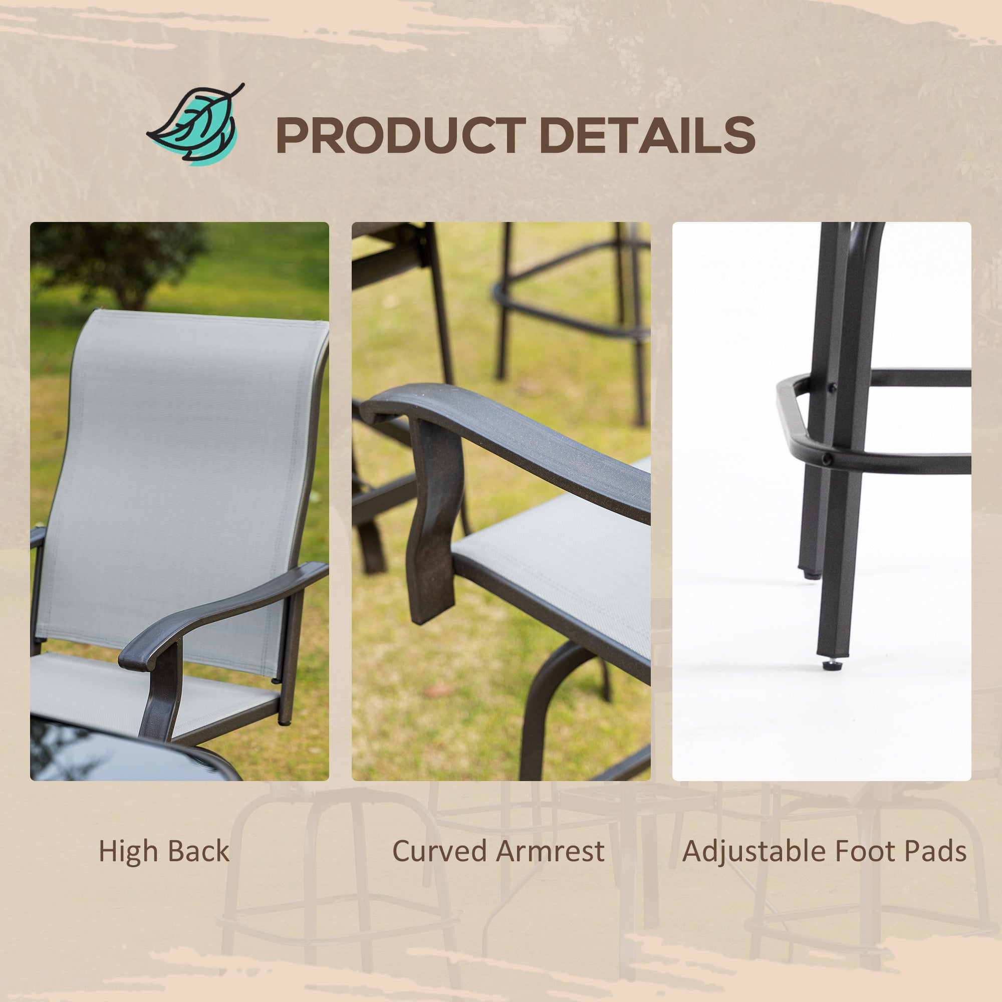 Outsunny Patio Furniture Set 5 Pieces Grey Outdoor Garden with Tempered Glass Table 4 Swivel Chairs Conversation Set 