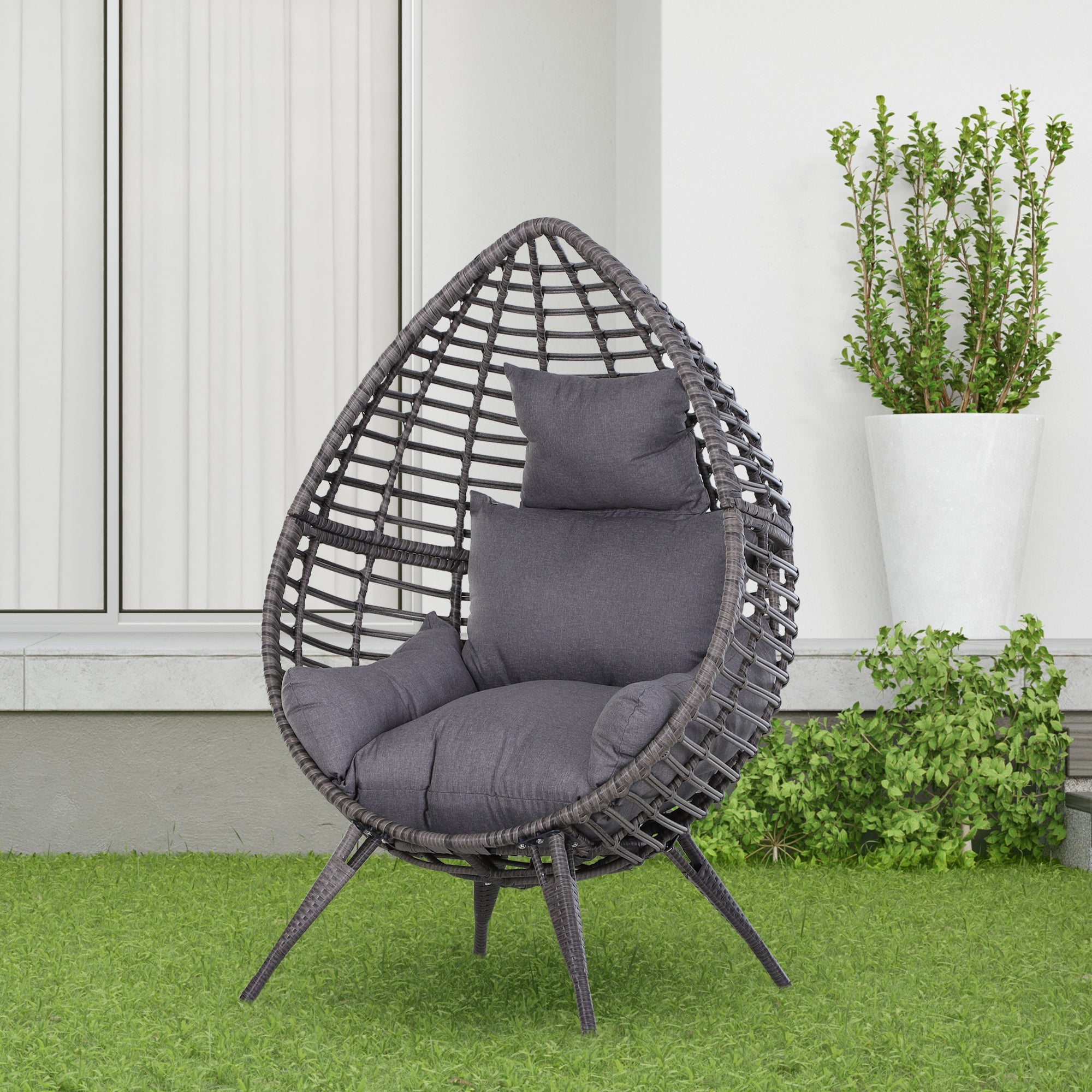 Outsunny Rattan Wicker Egg Chair Lounge Chair with Cushion Outdoor Indoor Adjustable Grey 352lbs Capacity 