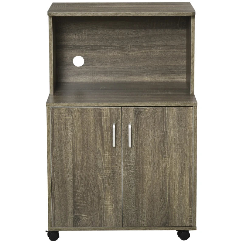 Microwave Cart on Wheels Utility Trolley Storage Sideboard Bookcase with 2-door Cabinet, Grey Wood Grain
