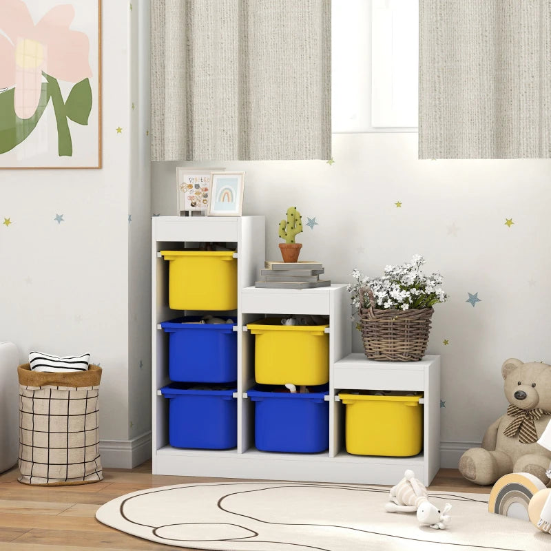 Qaba 3 Layers Toy Storage Organizer Kids Bookshelf Children Toy Storage w/ 6 Plastic Bins, Yellow & Blue