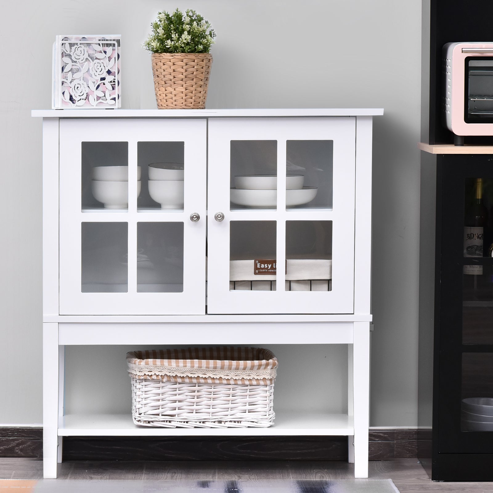HOMCOM Sideboard Buffet Cabinet with Glass Doors Modern Console Table for Kitchen Dining Room White 