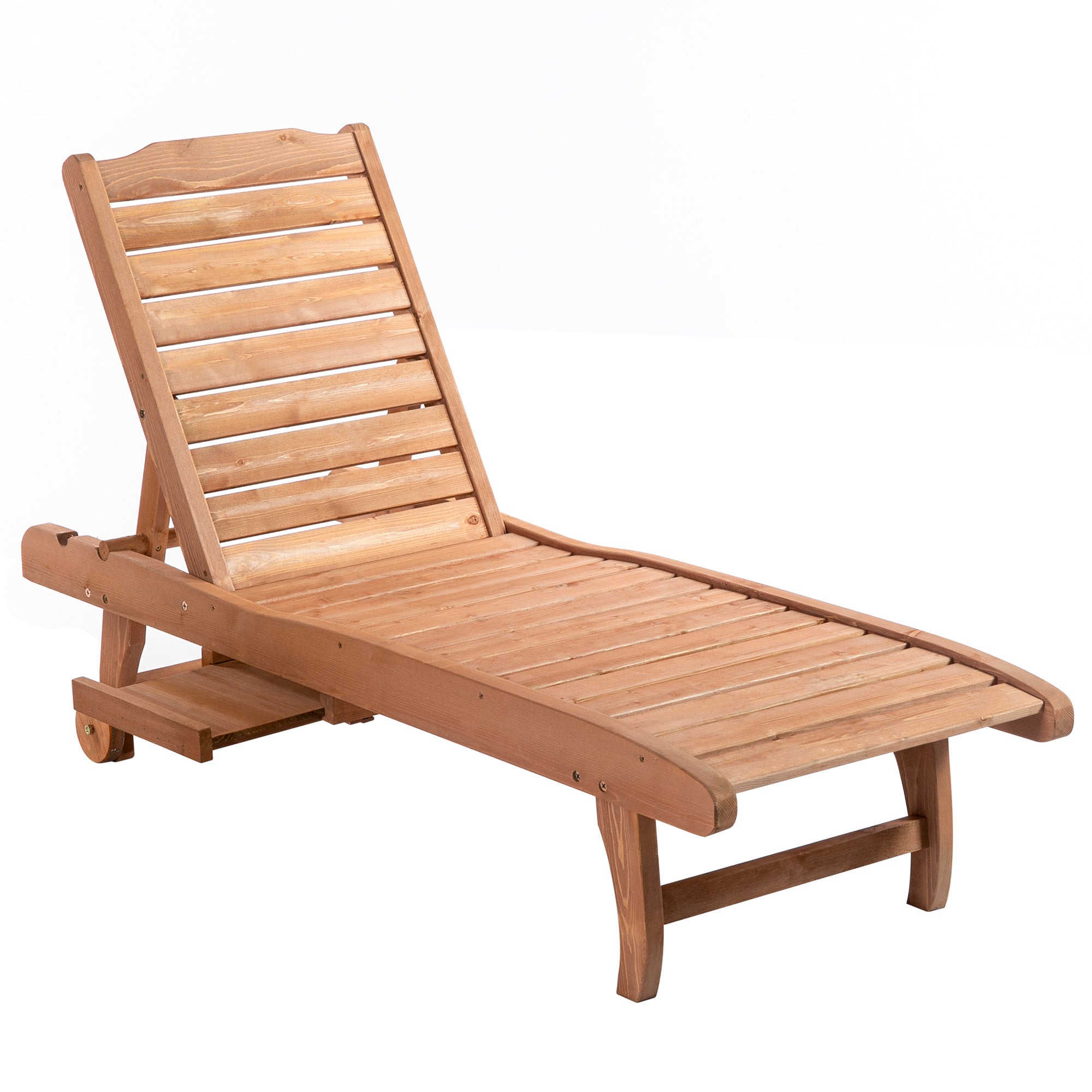 Outsunny Adjustable Wooden Chaise Lounge Outdoor Patio Recliner Garden Furniture with Pullout Tray and 2 Wheels 