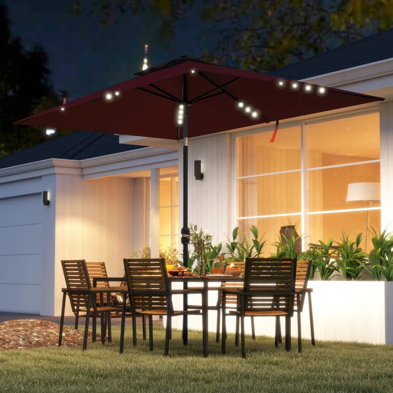 6' x 10' Patio Umbrella with 22 LED Solar Lights and Tilt, Rectangular Outdoor Table Umbrella with Crank, Wine Red