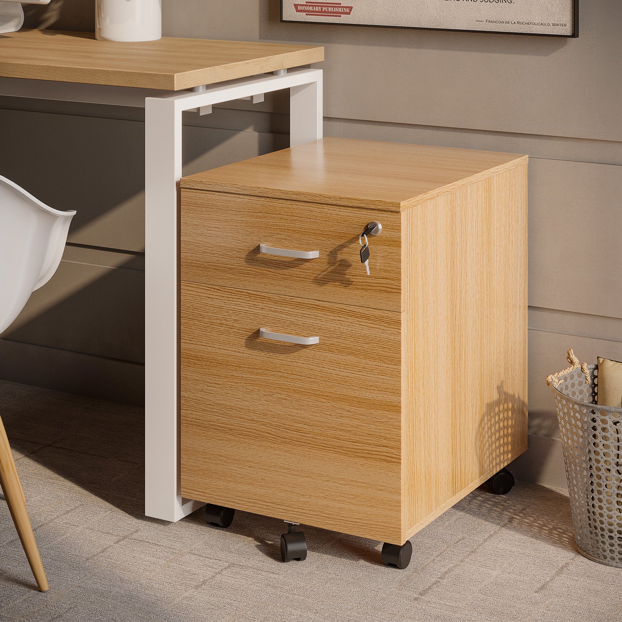 Vinsetto Filing Cabinet 2-Drawer with Lock, Mobile Rolling Office Storage, Natural Finish 