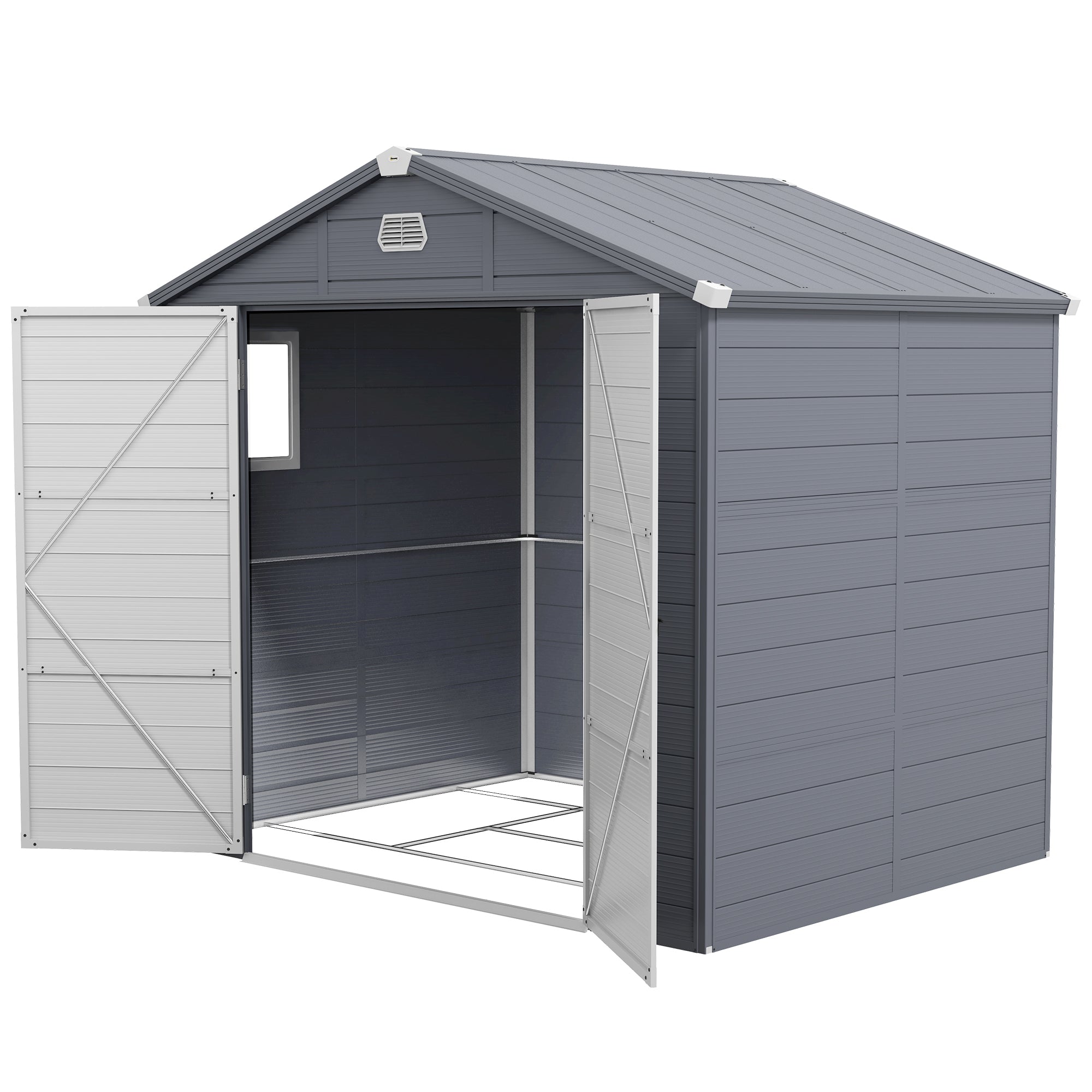 Outsunny 8' x 6' Plastic Garden Storage Shed with Latch Door, Vents, Sloped Roof, Dark Grey 