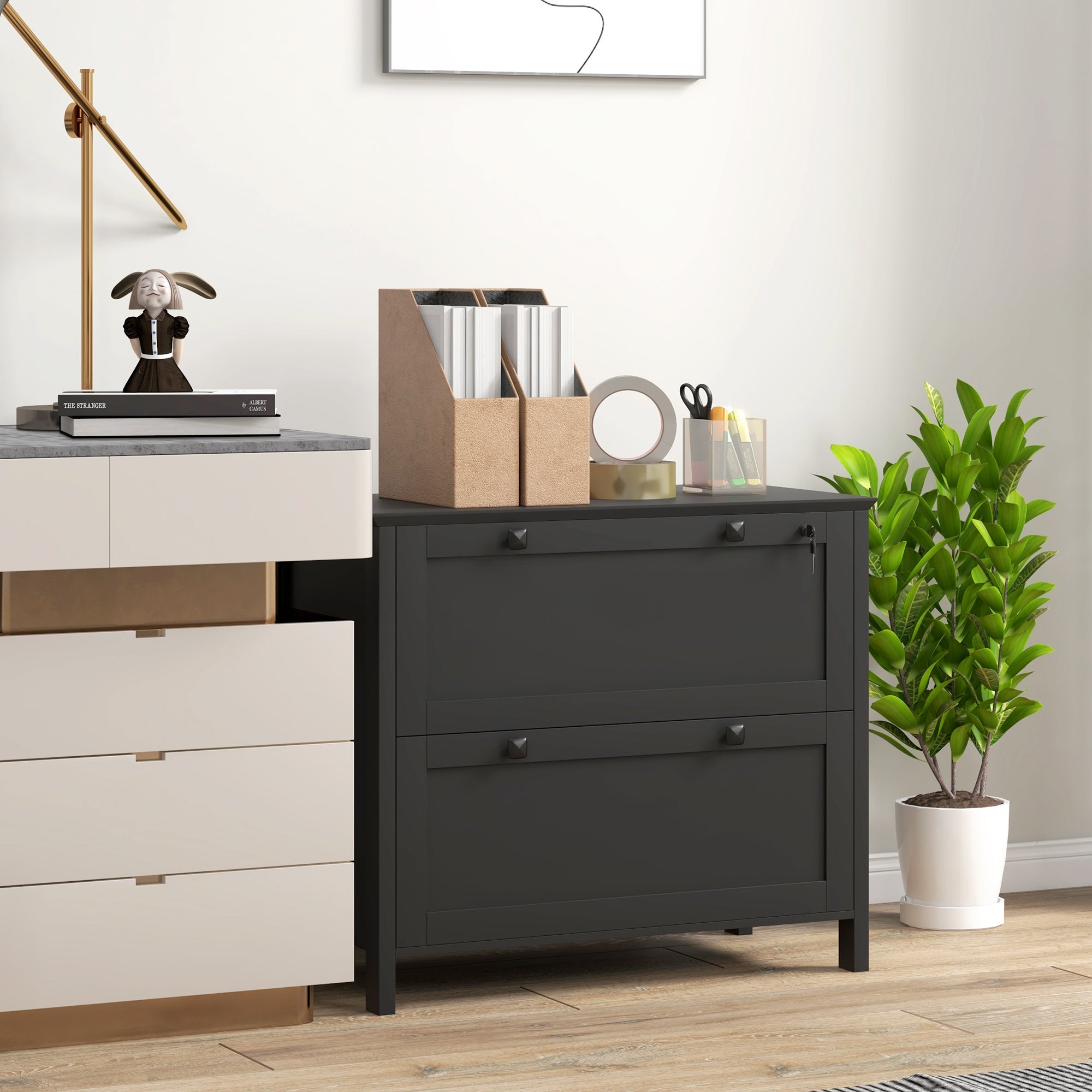 HOMCOM Lockable 2 Drawer File Cabinet for Letter, A4, Legal Size Documents with Adjustable Hanging Bar in Black 