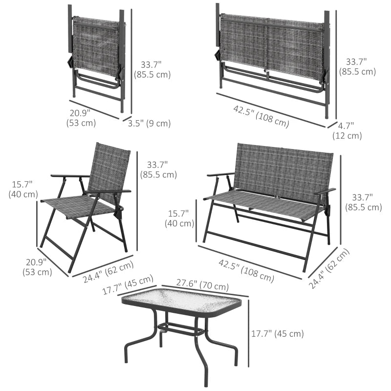 Outdoor 4 Pieces Patio Furniture Set, Garden Set with Two Foldable Armchairs, a Loveseat & Glass Top Table, Mixed Grey