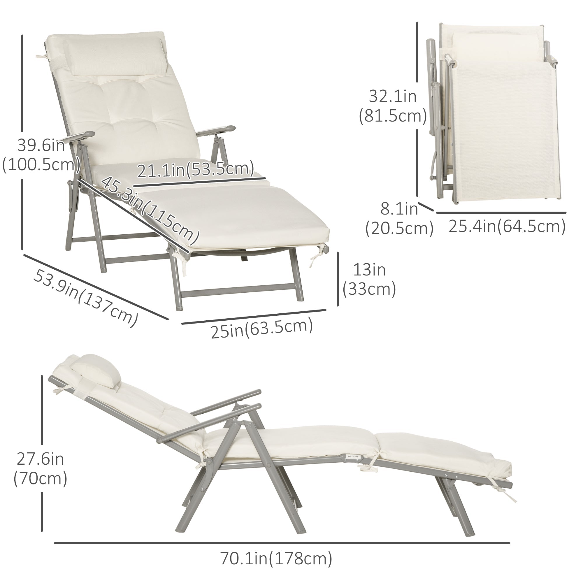 Outsunny Folding Chaise Lounge Outdoor Adjustable Recliner Chair Durable Cream White Comfort 
