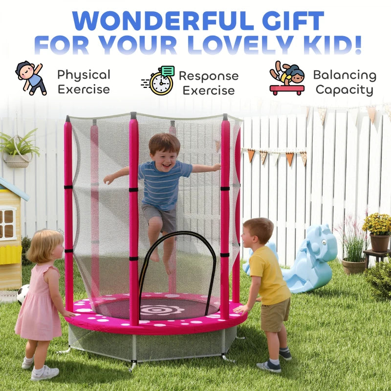Qaba 55" Toddler Trampoline with Safety Enclosure Net, for Indoor Outdoor Use, Ages 3-6 Years, Pink