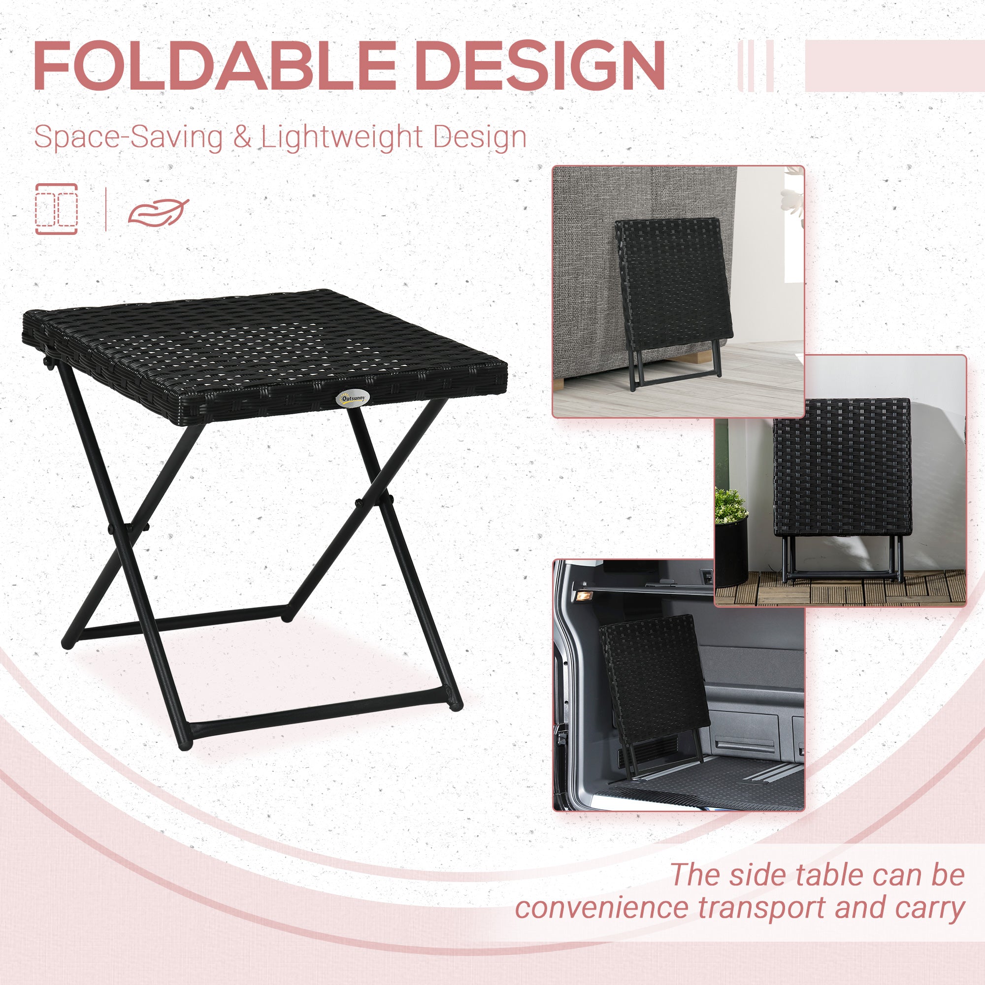 Outsunny Patio Wicker Coffee Table, Outdoor PE Rattan Garden Folding Side Table, 15.75"x15.75"x15.75", Black 