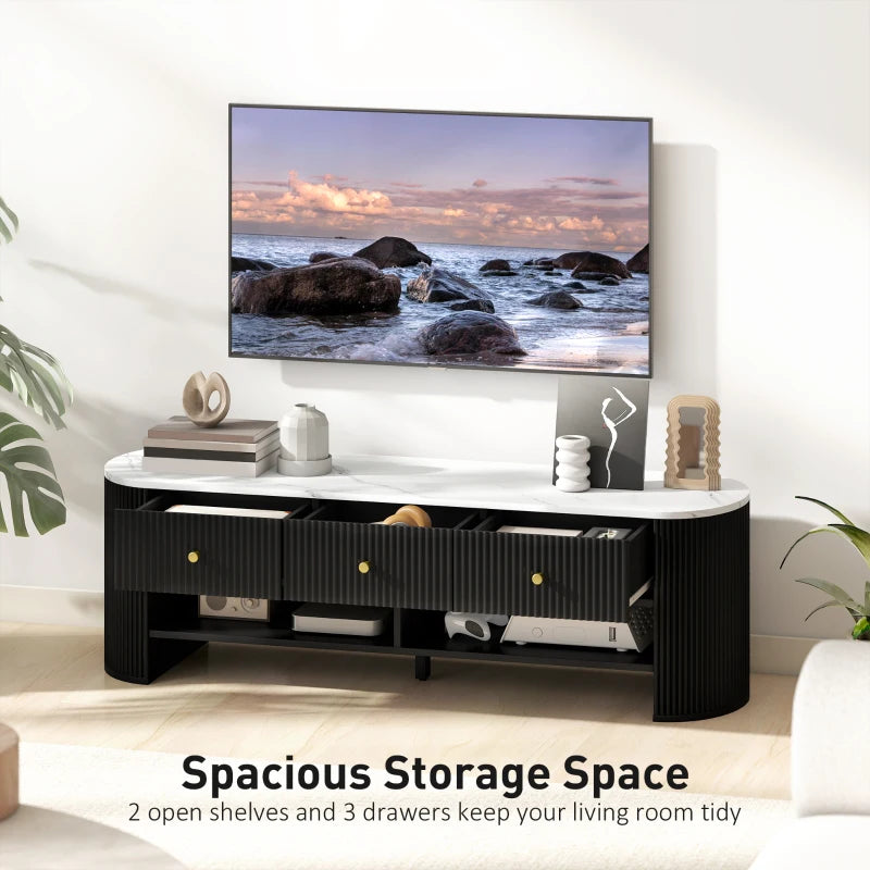 TV Stand, Modern TV Table with Marble-Effect Top, 3 Drawers and 2 Open Shelves for 32-65 Inch Television, Black