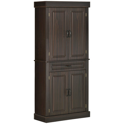 HOMCOM Coffee Wood Pantry Cabinet: 71" Tall Freestanding Kitchen Organizer with 4 Doors, 2 Cabinets & Drawer 